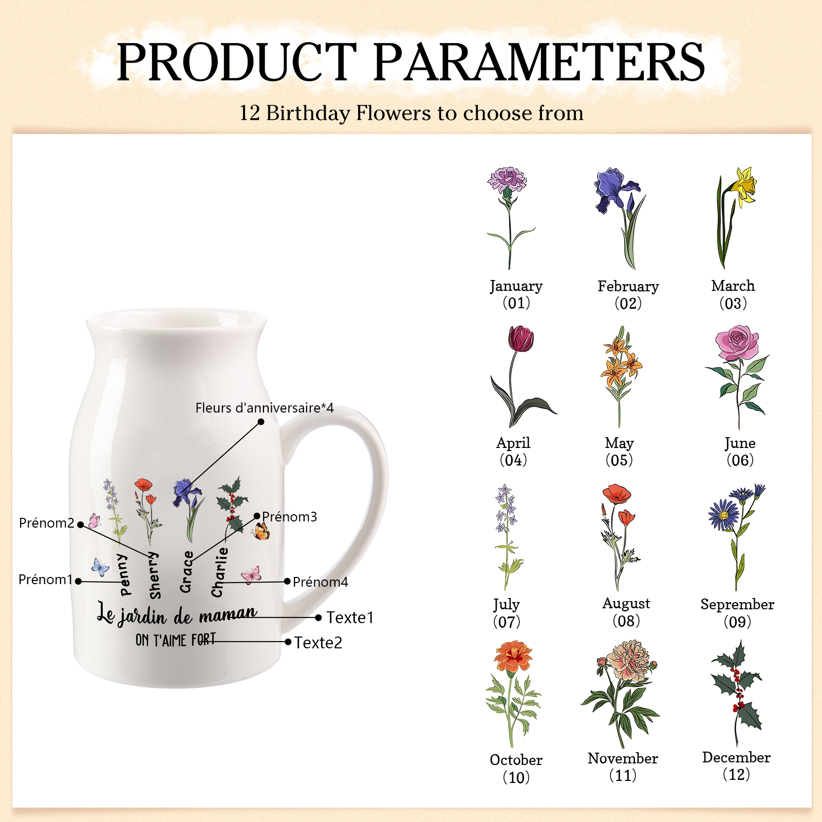 Vase à Fleurs Papillon 4 Prénoms et Fleurs de Naissance Personnalisés avec 2 Textes Décoration de la Maison