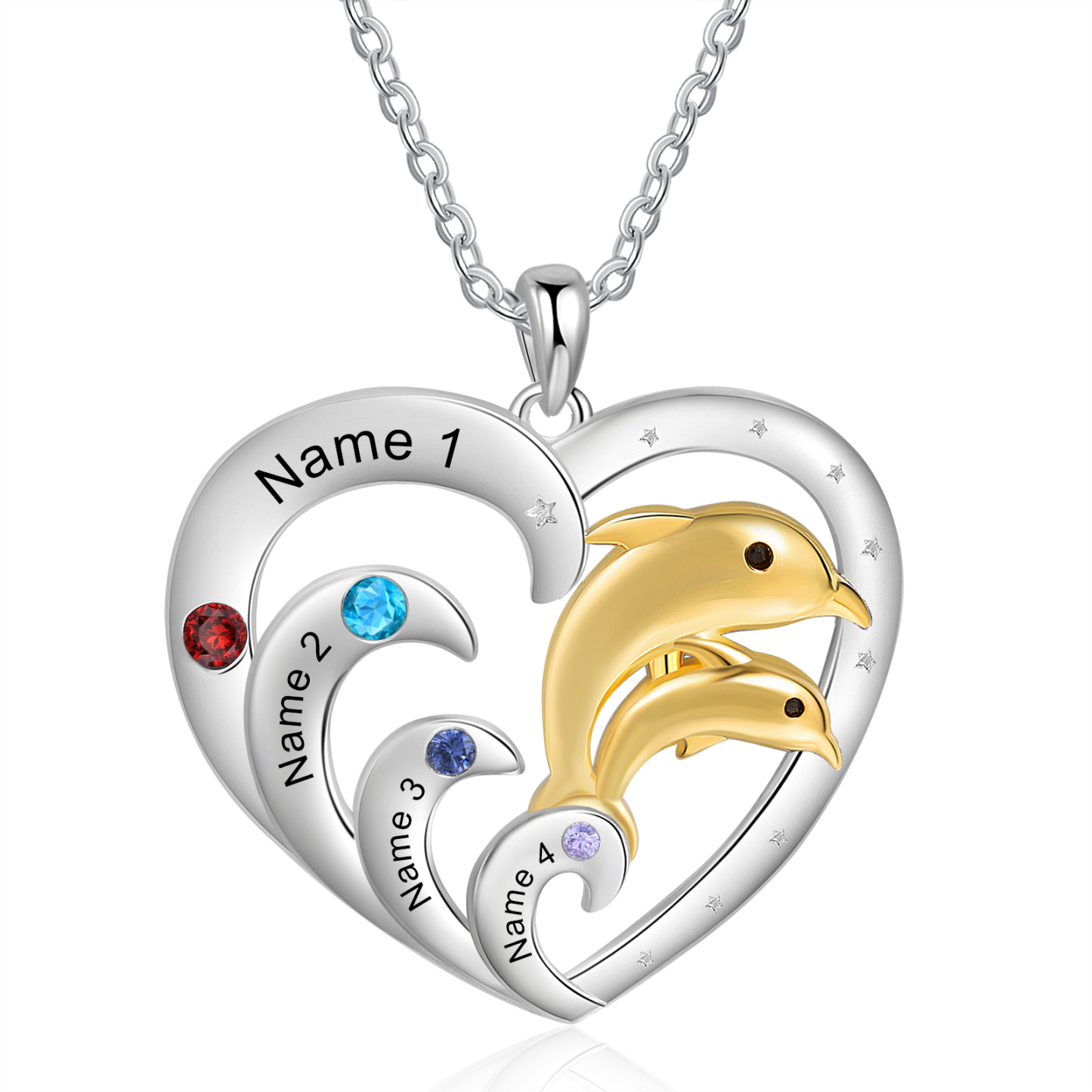 Collier Pendentif Cœur et Dauphin 4 Prénoms Personnalisés avec 4 Pierres de Naissance