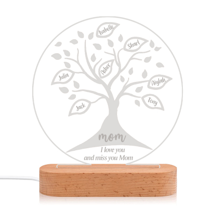 Lampe de chevet LED Arbre de vie Arbre généalogique 7 prénoms personnalisés avec 2 textes