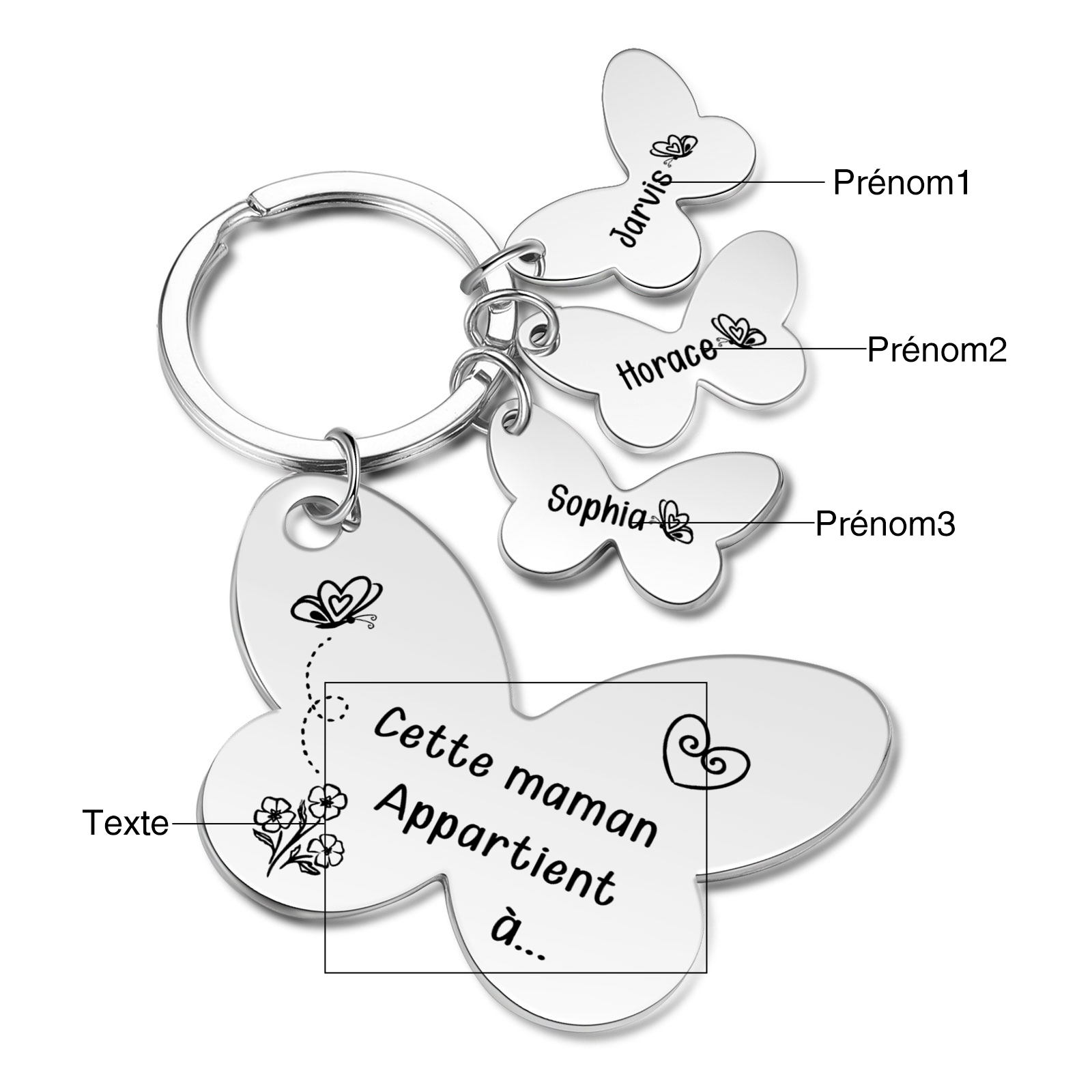À Maman/Mamie - Porte-Clés Papillon 3 Prénoms Personnalisés avec Texte 
