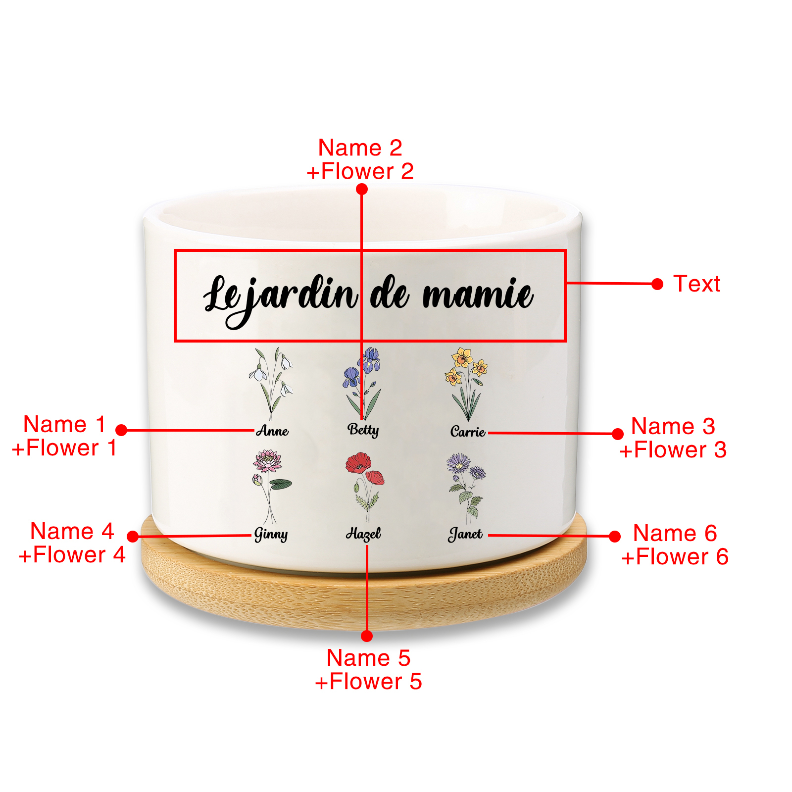 Vase/Pot de Fleurs 6 Prénoms et 1 Texte Personnalisés avec Fleurs de Naissance Décoration de la Maison (sans plantes)