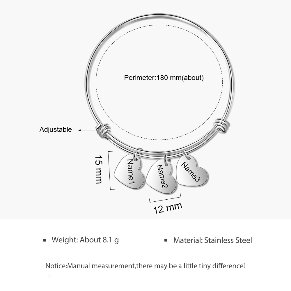 Bracelet Personnalisé Femme 3 Prénoms Personnalisés avec 3 Cœurs Breloques|Jessemade