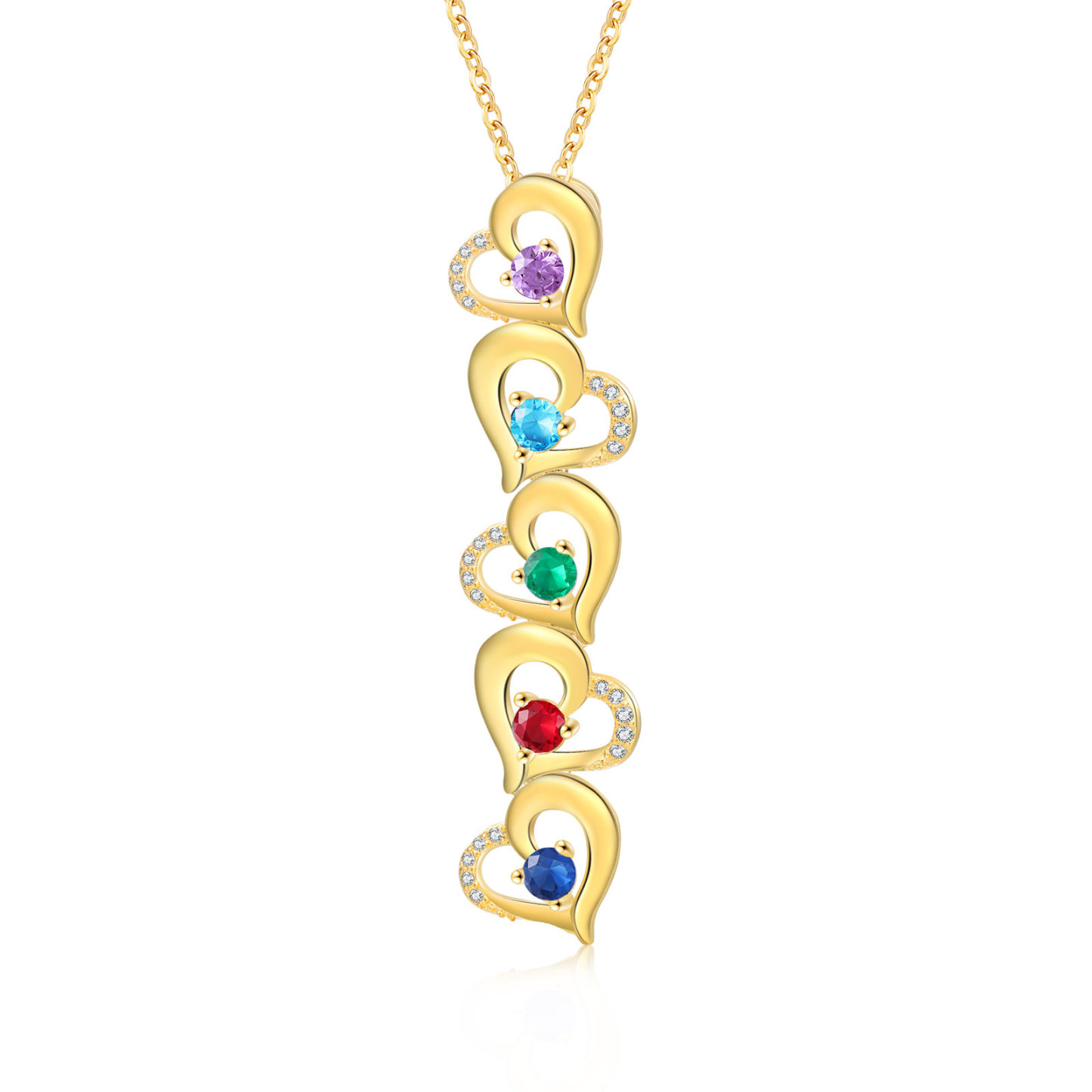 Collier Pendentif Cœur 5 Prénoms Personnalisés avec Pierre de naissance pour Femmes
