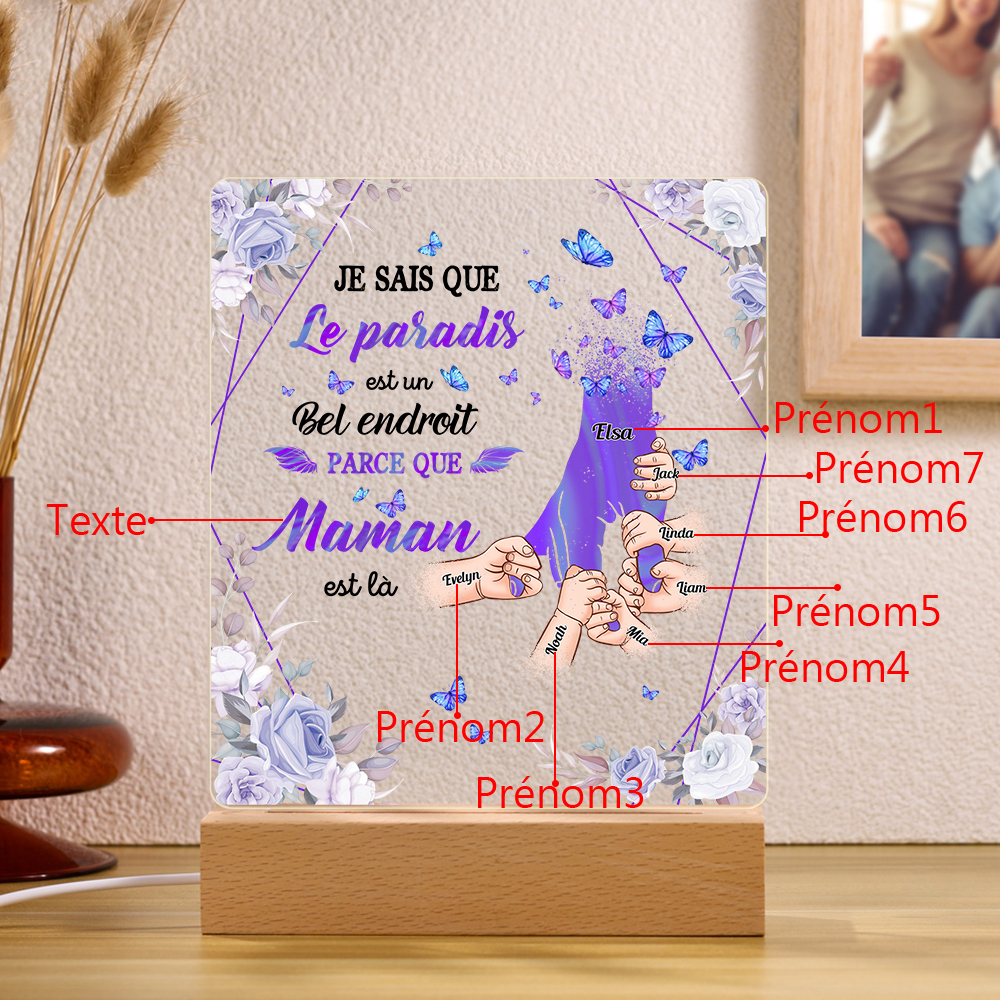 À Maman/Papa - Lampe de chevet LED Commémorative 7 Prénoms Personnalisés avec 1 Texte Lampe de chevet la main dans la main