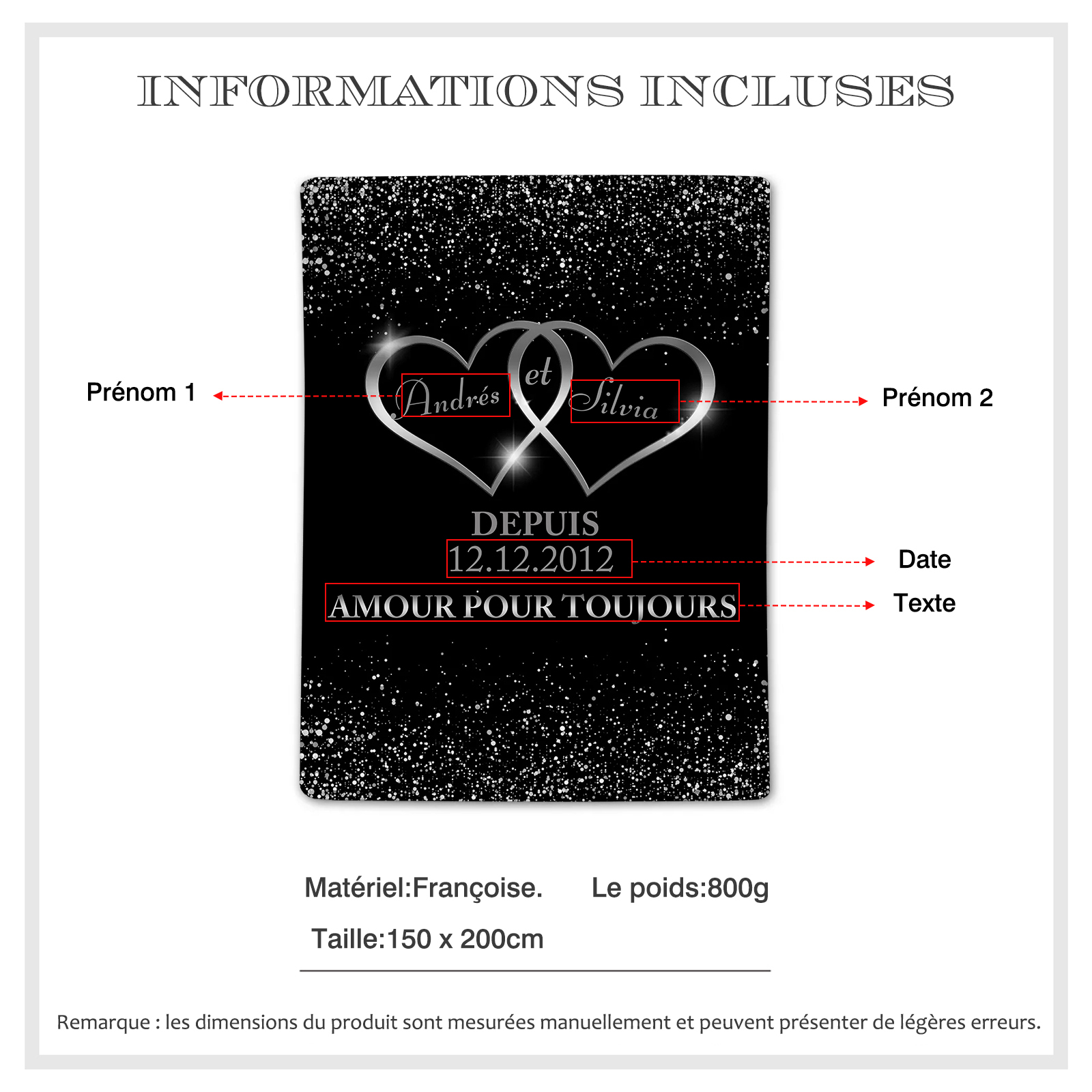 Couverture Plaids Polaire 2 Prénoms Personnalisés avec Date et Texte pour Couple | Jessemade