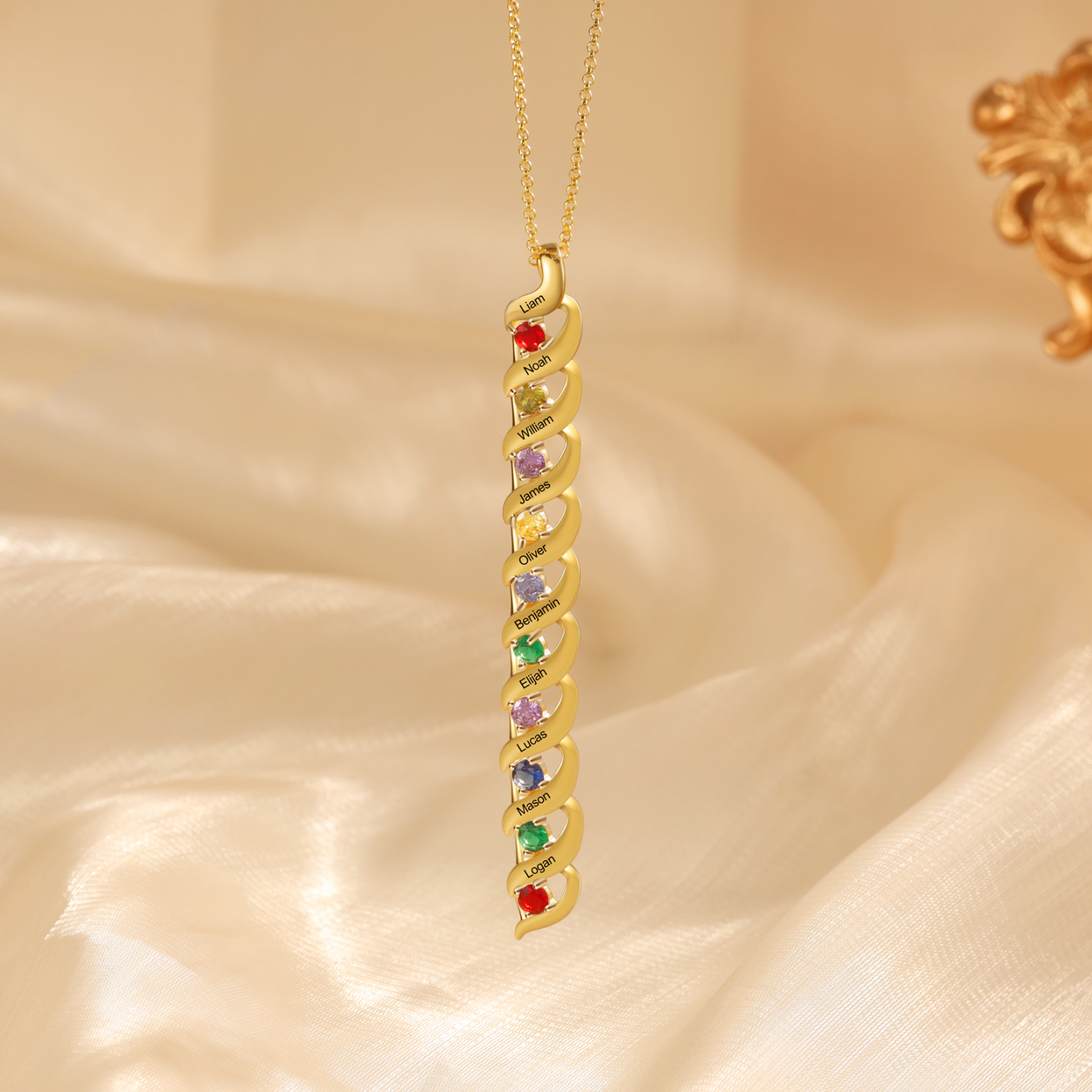 Collier Femme 10 Prénoms Personnalisés avec 10 Pierres de naissance