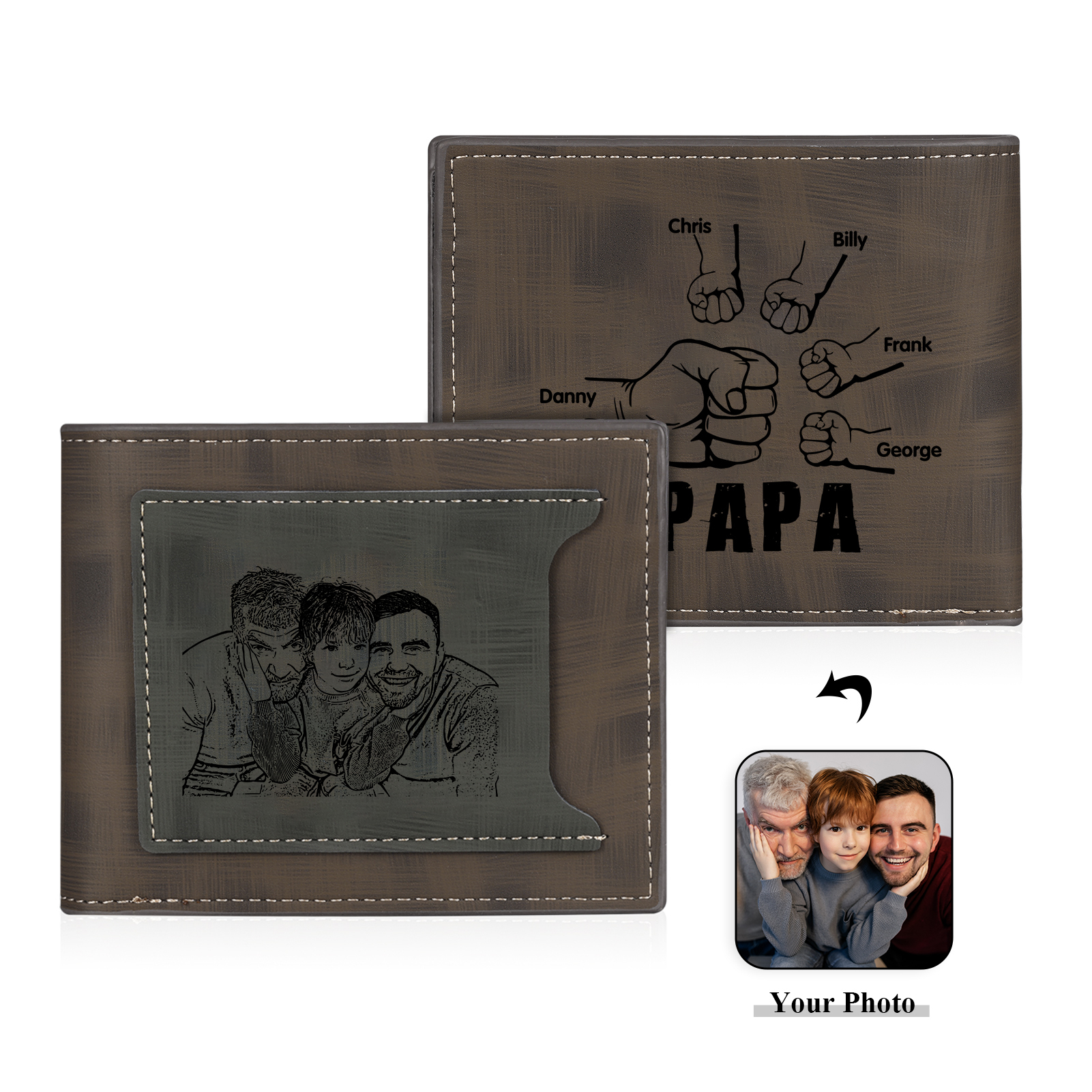 À mon Papa - Portefeuille Poings 5 Prénoms Personnalisés avec Photo Classique Homme Porte-Monnaie Carte
