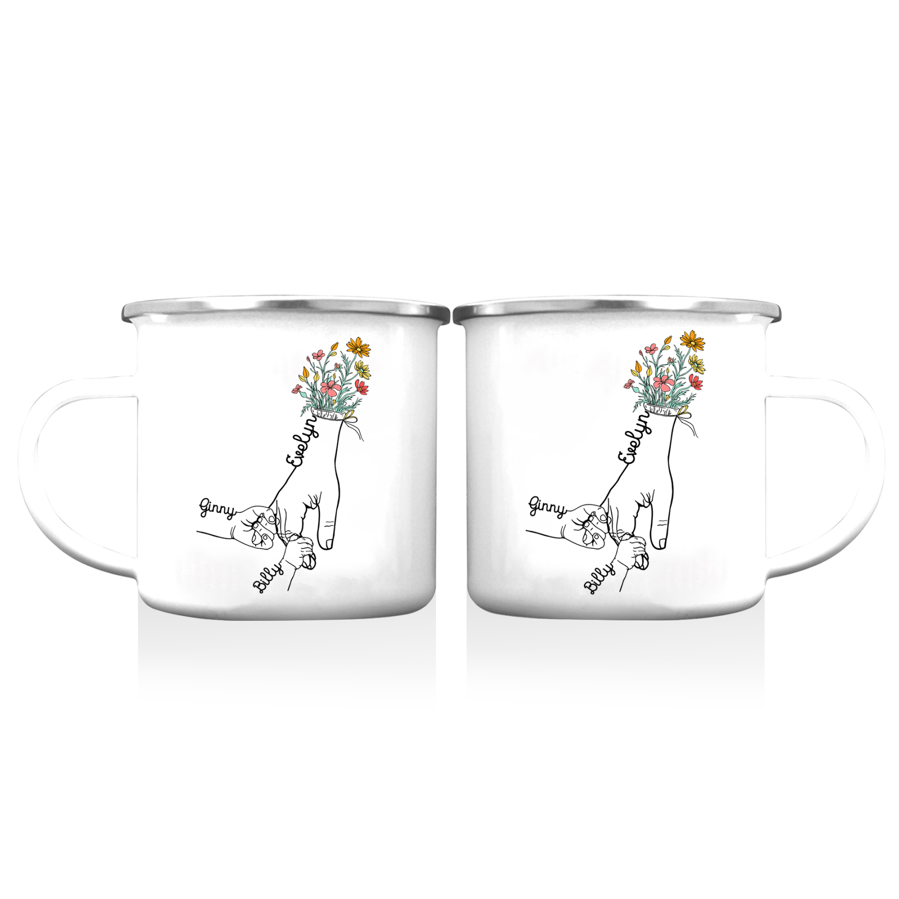 À Maman/Mamie - Tasse émaillée la Main dans la Main 3 Prénoms Personnalisés