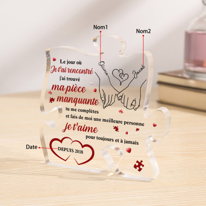 Plaque Acrylique en forme de Puzzle 2 Prénoms Personnalisés avec Date la Main dans la Main pour Couple