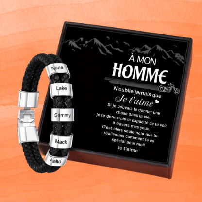 À mon homme - Bracelet en cuir tressé à perles personnalisé pour petit-ami / mari avec 5 prénoms gravés-Jessemade FR