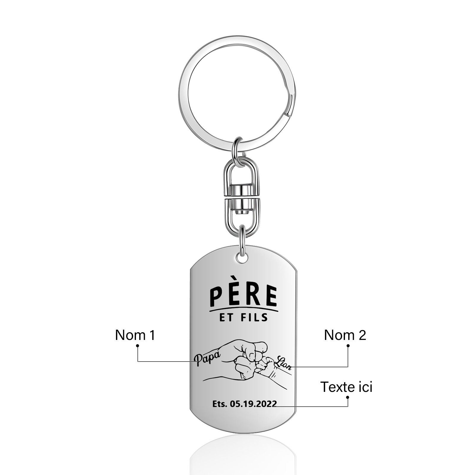 À Papa - Porte-clés gravé Poings 2 Prénoms Personnalisés avec Photo et Date | Jessemade