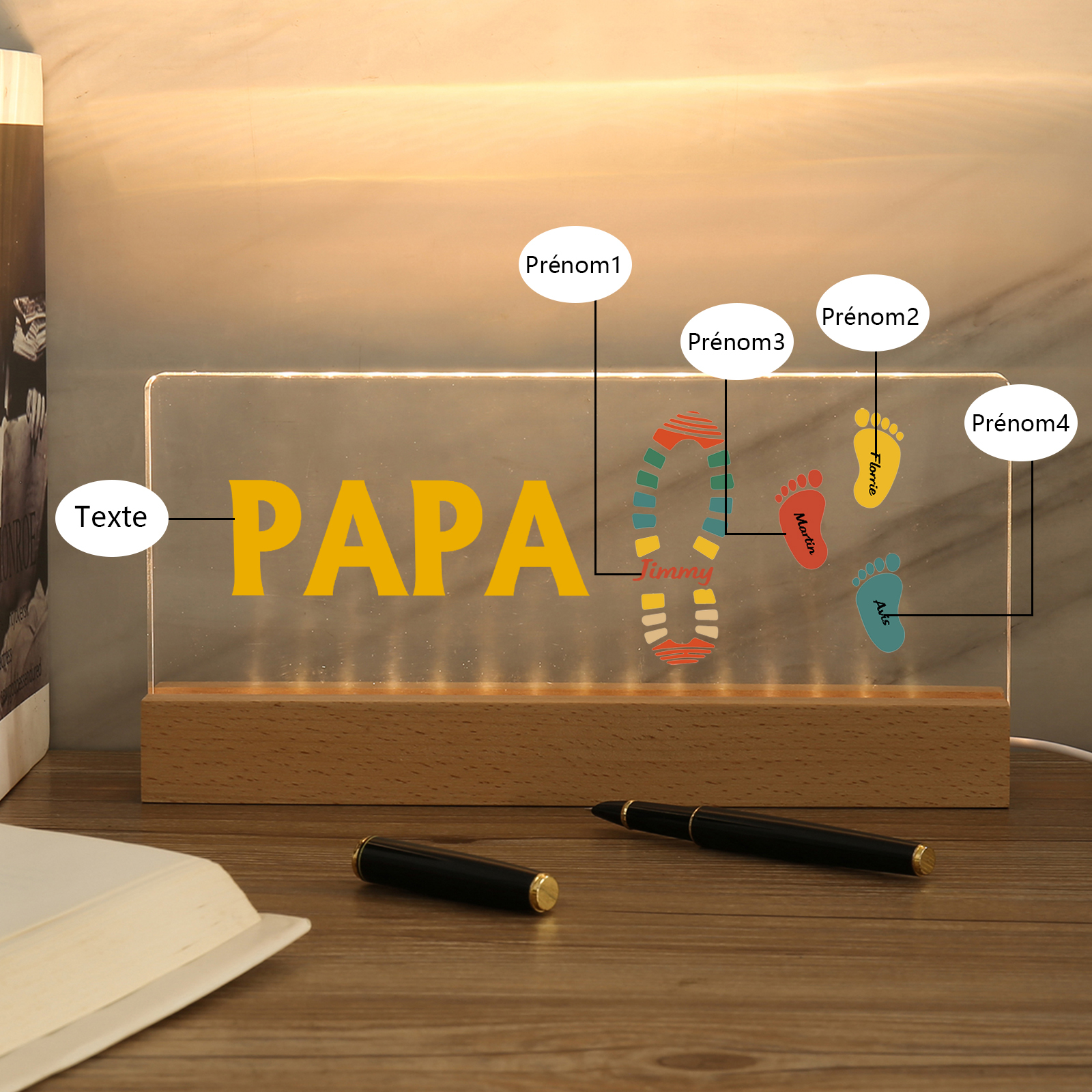 À mon Papa/Papi- Lampe de chevet LED Pieds Bébé 4 Prénoms Personnalisés avec Texte