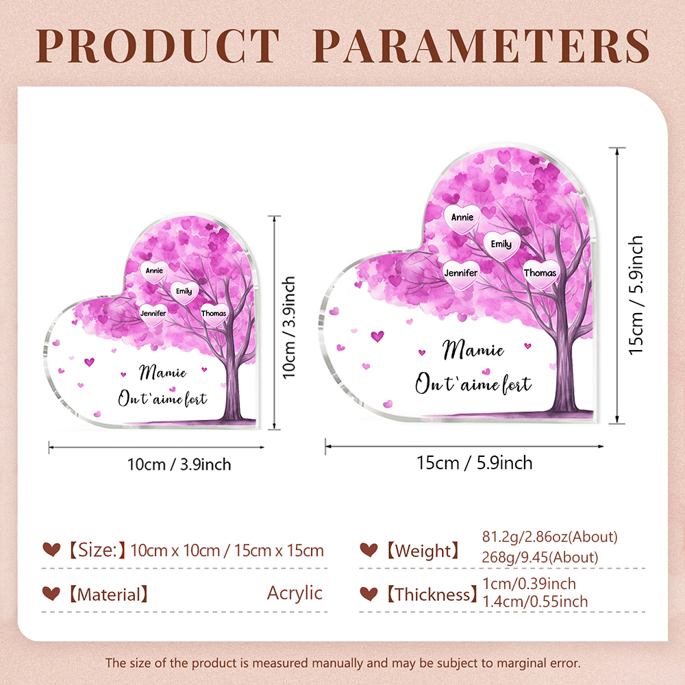 À ma Maman/Mamie - Plaque Acrylique Arbre en Forme de Cœur 4 Prénoms Personnalisés avec 1 Texte
