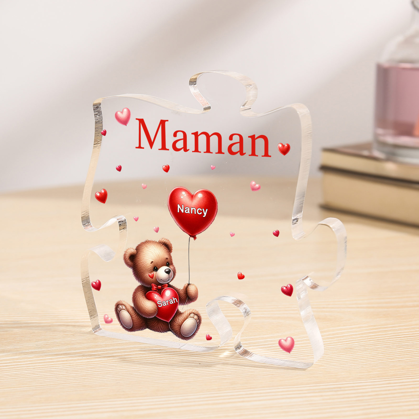 Plaque Acrylique en forme de Puzzle Ours 2 Prénoms et 1 Texte Personnalisés