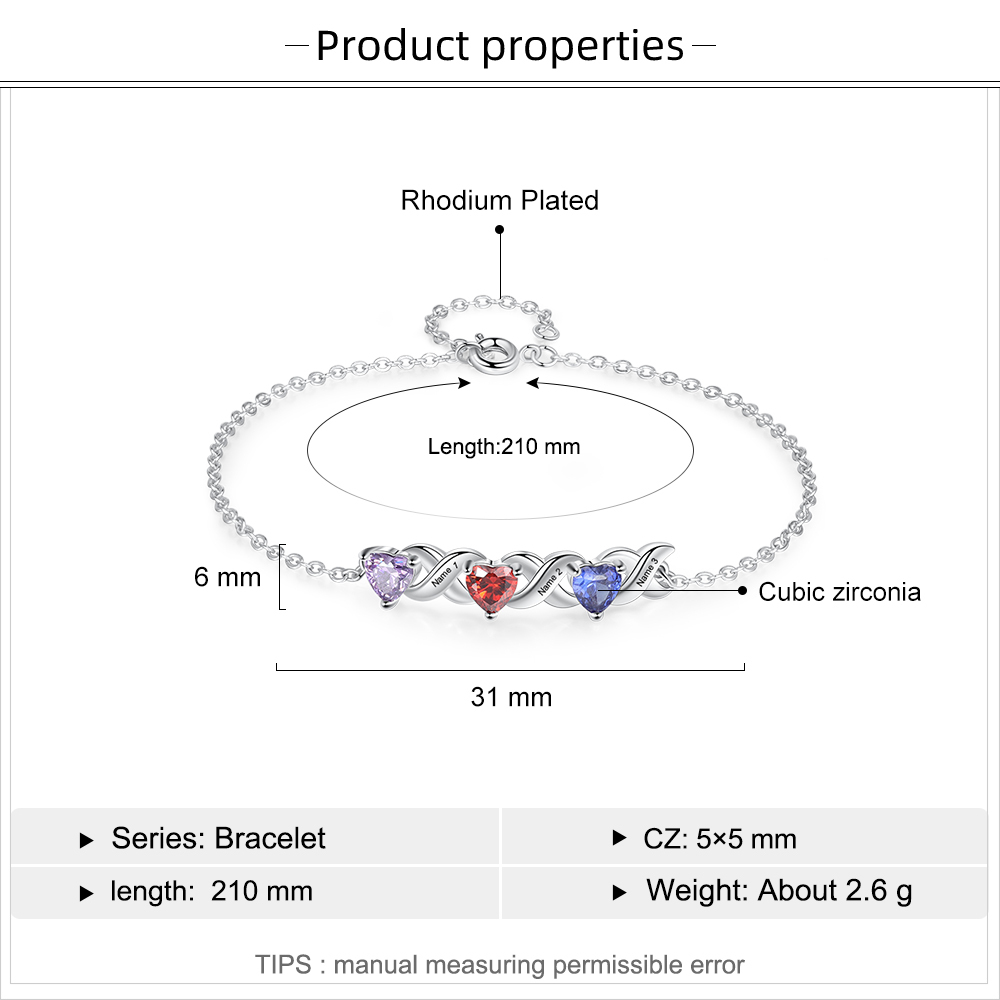 Bracelet à Breloque 3 Prénoms Personnalisé avec 3 Pierres de Naissance