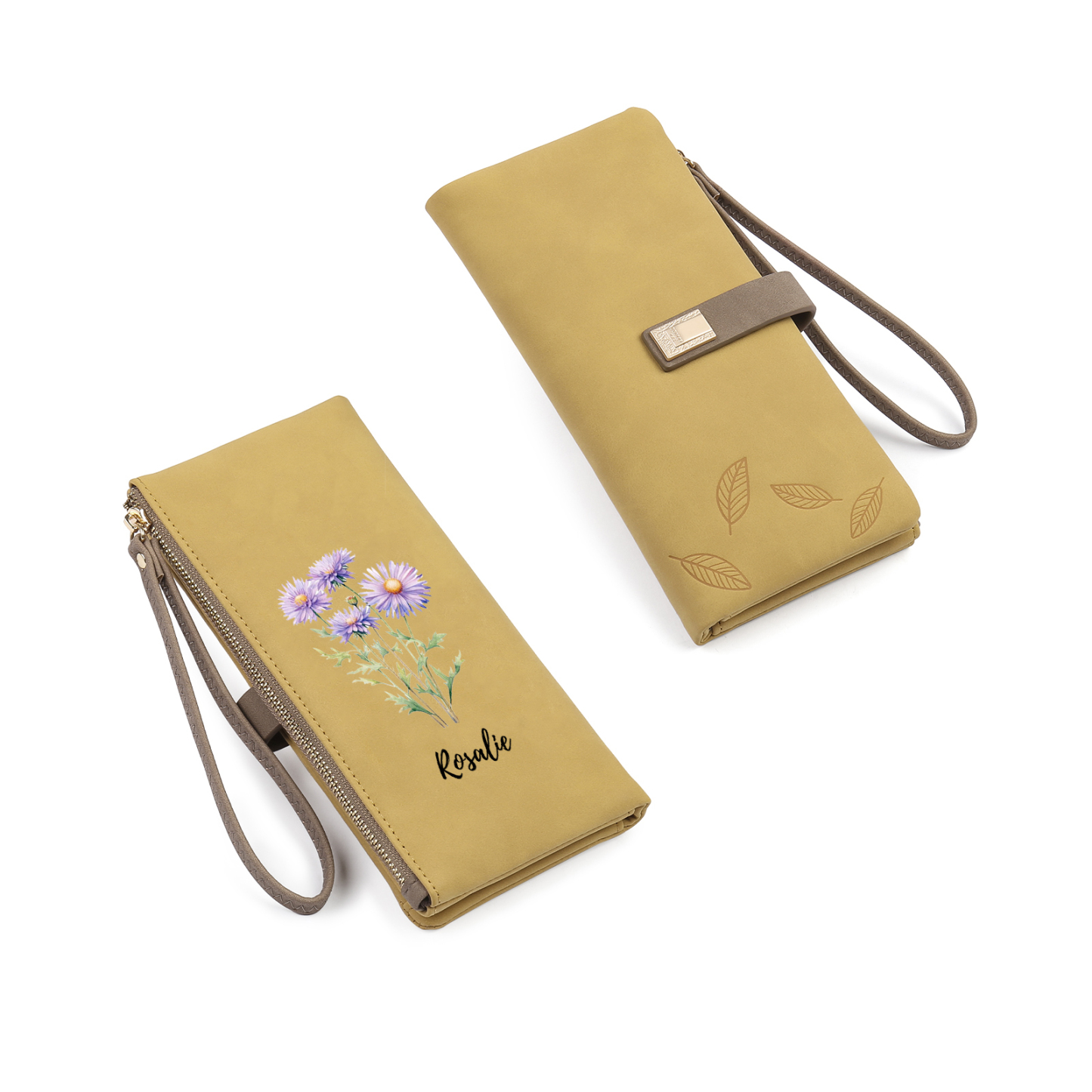 Portefeuille Femmes 1 Prénom Personnalisé avec Fleur de Naissance Porte-Monnaie Carte