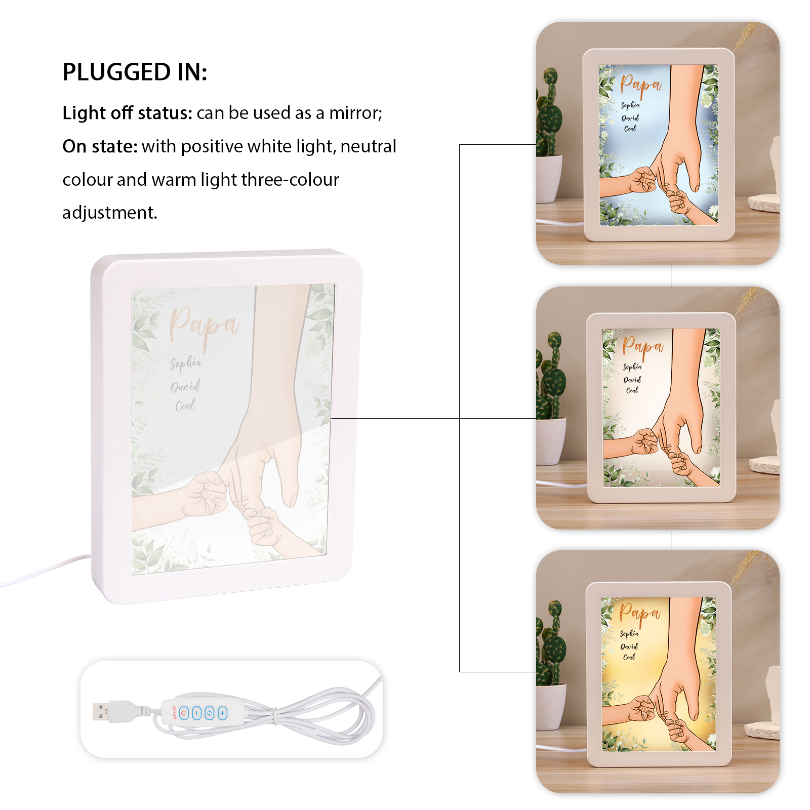 Lampe LED/Cadre Photo/Miroir multifonctionnel la main dans la main 3 Prénoms et 1 Tetxe Personnalisés Cadeau Créatif pour Famille
