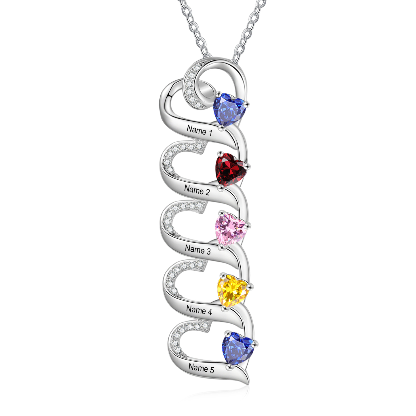 Collier Pendentif Cœur 5 Prénoms Personnalisés avec Pierre de naissance pour Femmes
