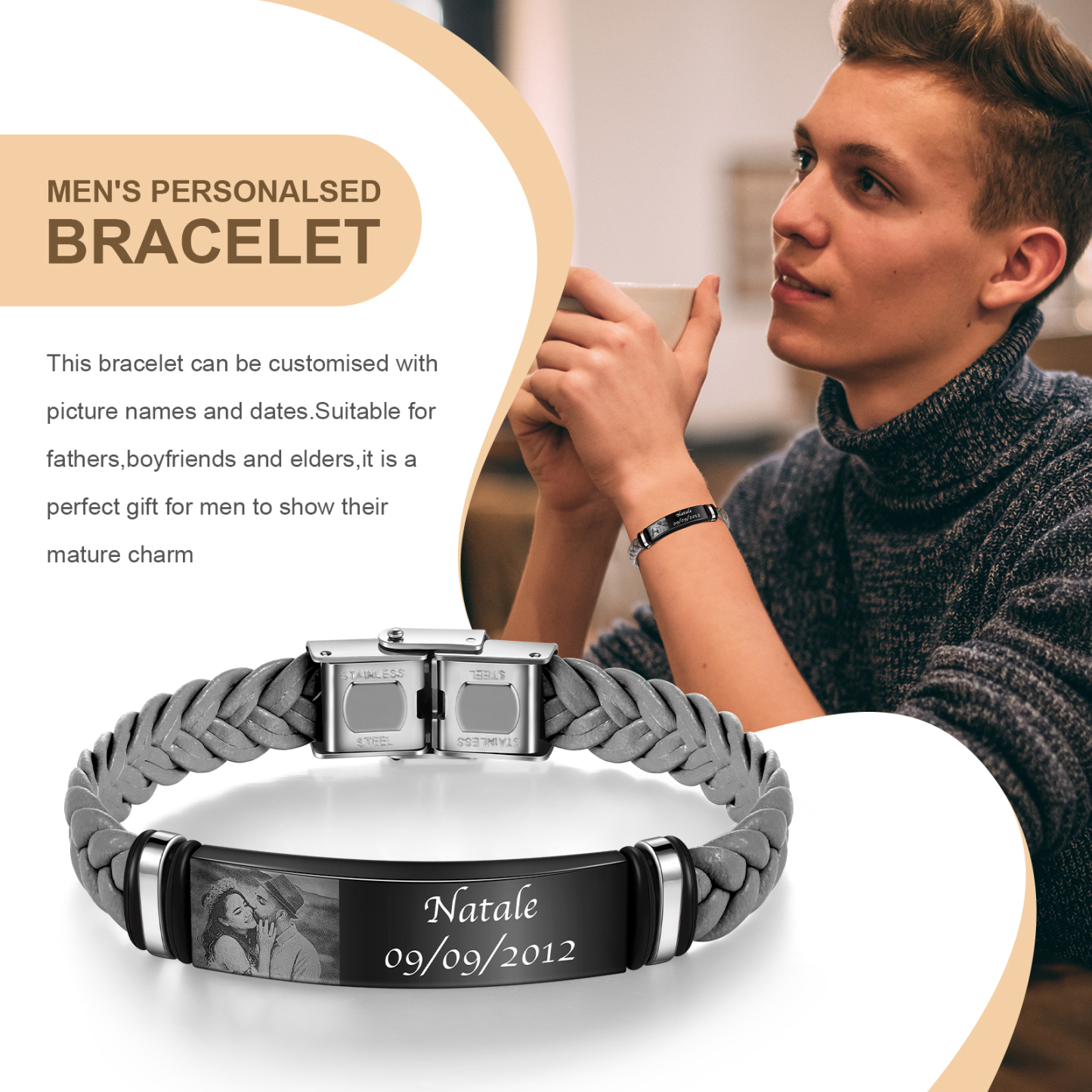 Bracelet Prénom et Photo Personnalisés avec Date pour Homme