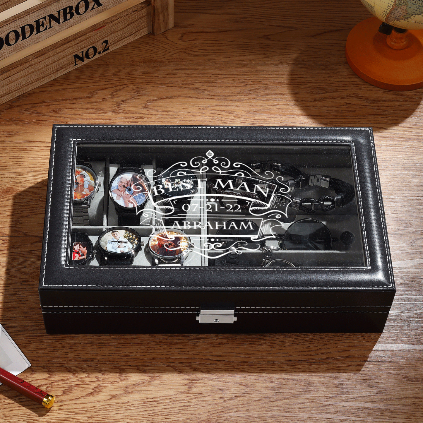 Boîte à Montre et Bijoux 3 Textes Personnalisés Coffret Cadeau pour Hommes