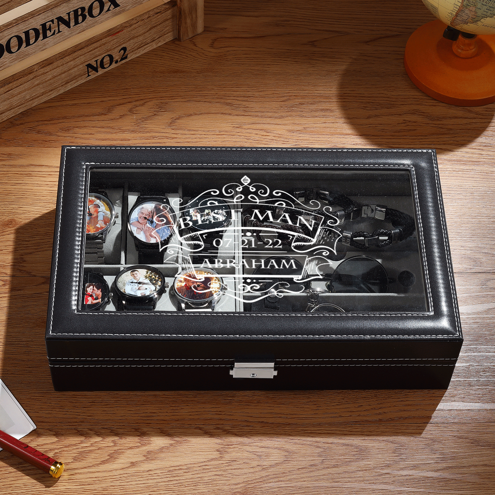 Boîte à Montre et Bijoux 3 Textes Personnalisés Coffret Cadeau pour Hommes
