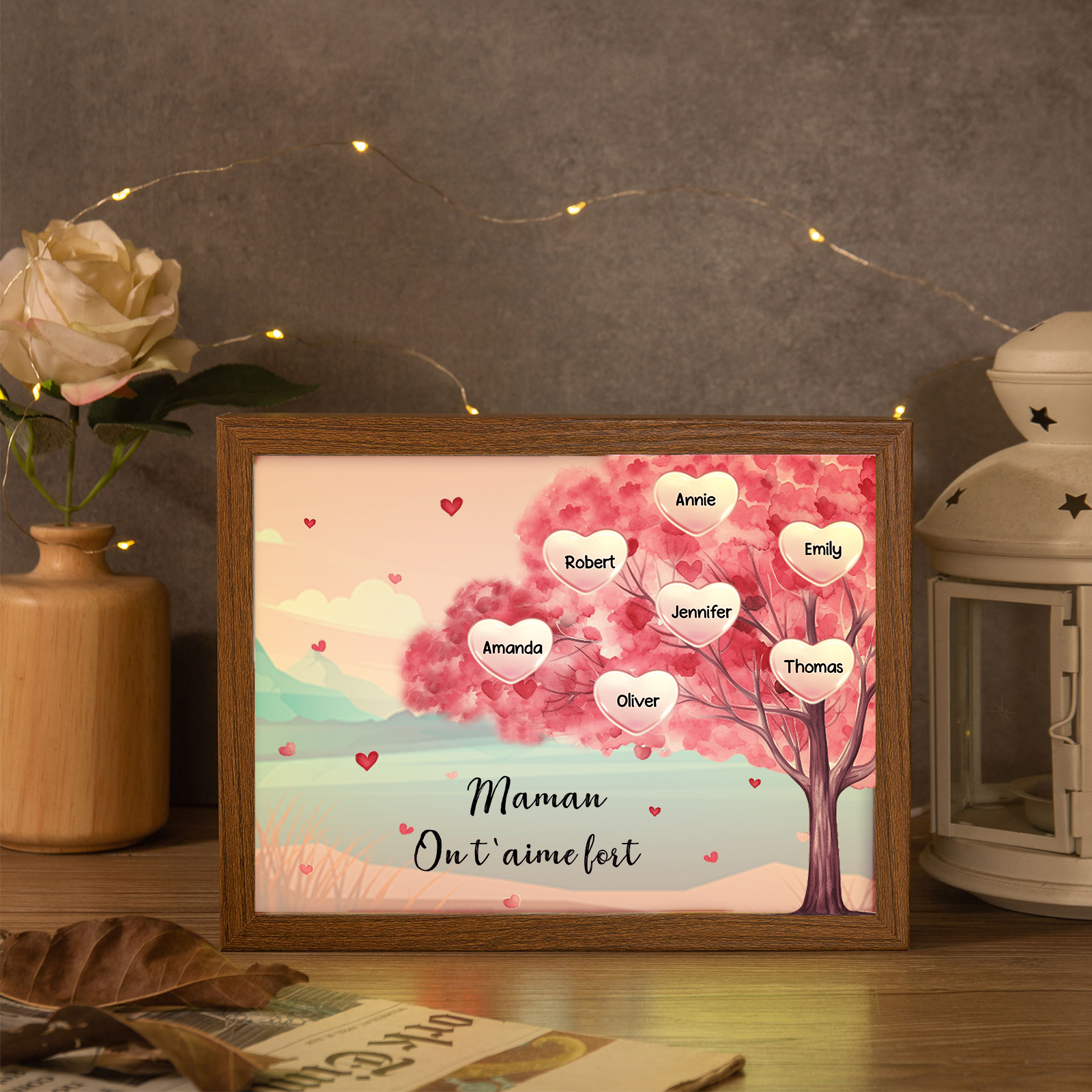 Cadre Photo LED Arbre 7 Prénoms Personnalisés avec 1 Texte Décoration Famille
