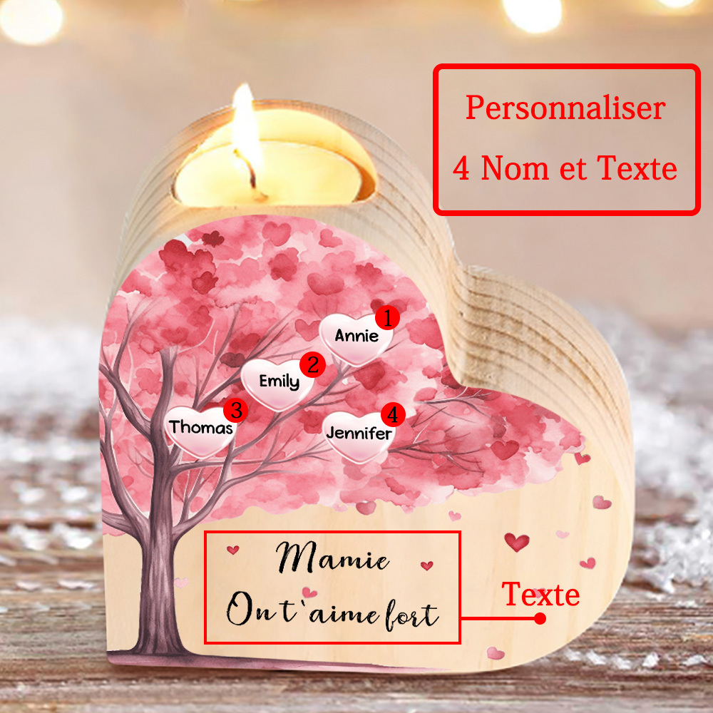 À Ma Maman/Mamie - Bougeoir en Bois Arbre 4 Prénoms et 1 Texte Personnalisés pour Famille sans bougie