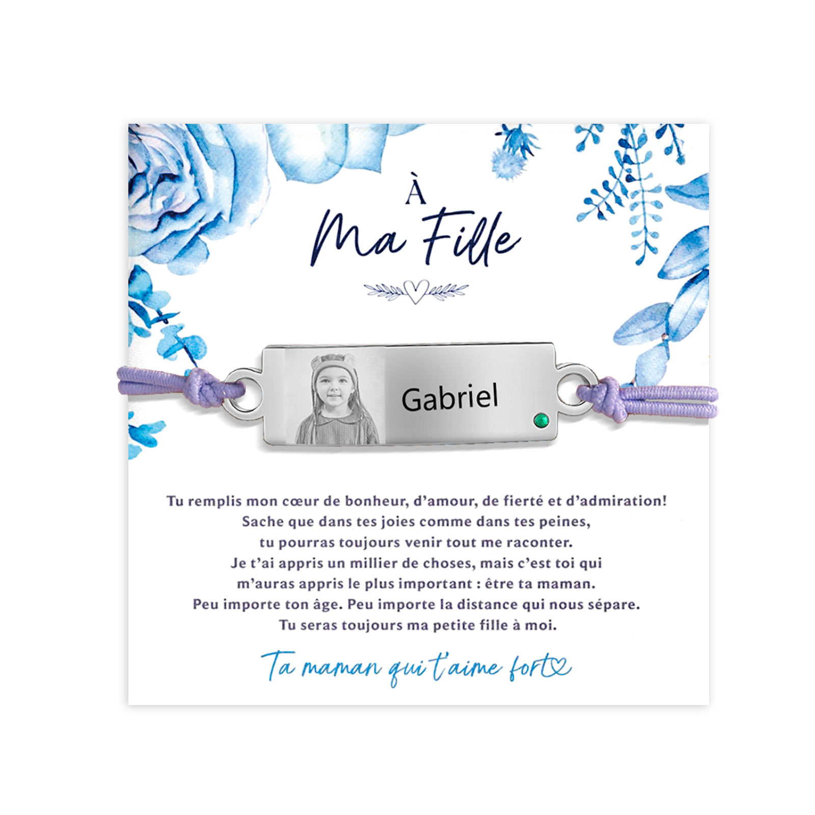 À Ma Fille - Bracelet Prénom et Photo Personnalisés avec Pierre de Naissance Corde élastiques - Cadeau Rentrée Scolaire