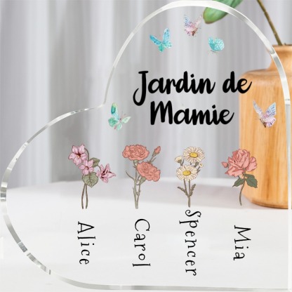 Plaque Acrylique en Forme de Cœur 1-6 Prénoms Personnalisés Jardin de Mamie