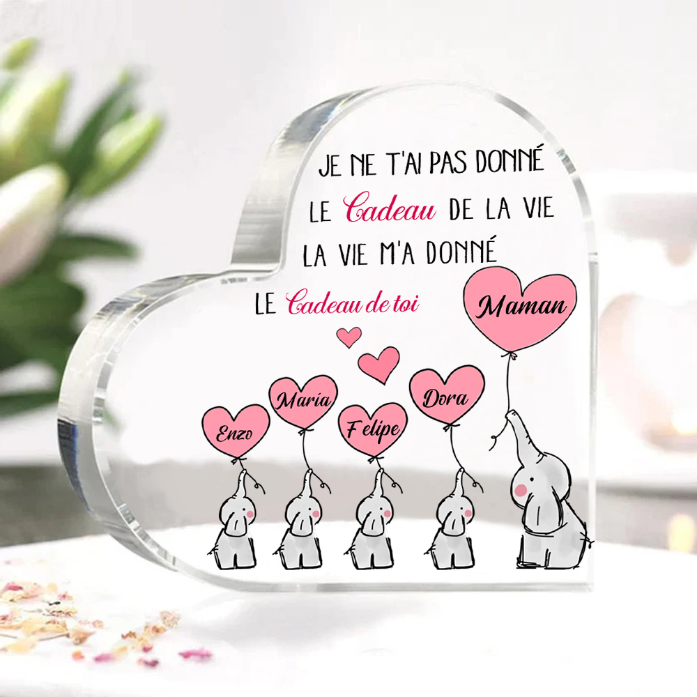 À ma Maman - Plaque Acrylique en Forme de Cœur éléphant 5 Prénoms Personnalisés