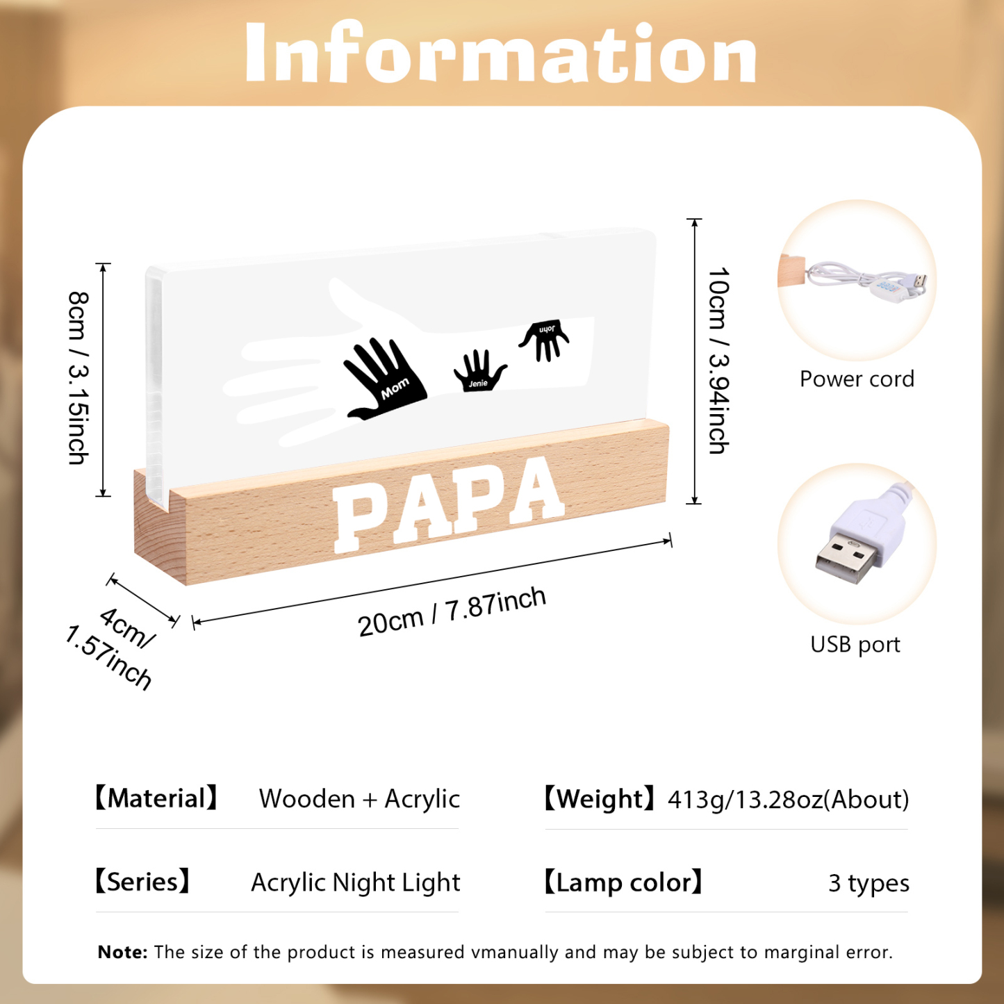 À Papa/Maman- Lampe de chevet LED Mains 3 Prénoms Personnalisés avec Texte pour Famille