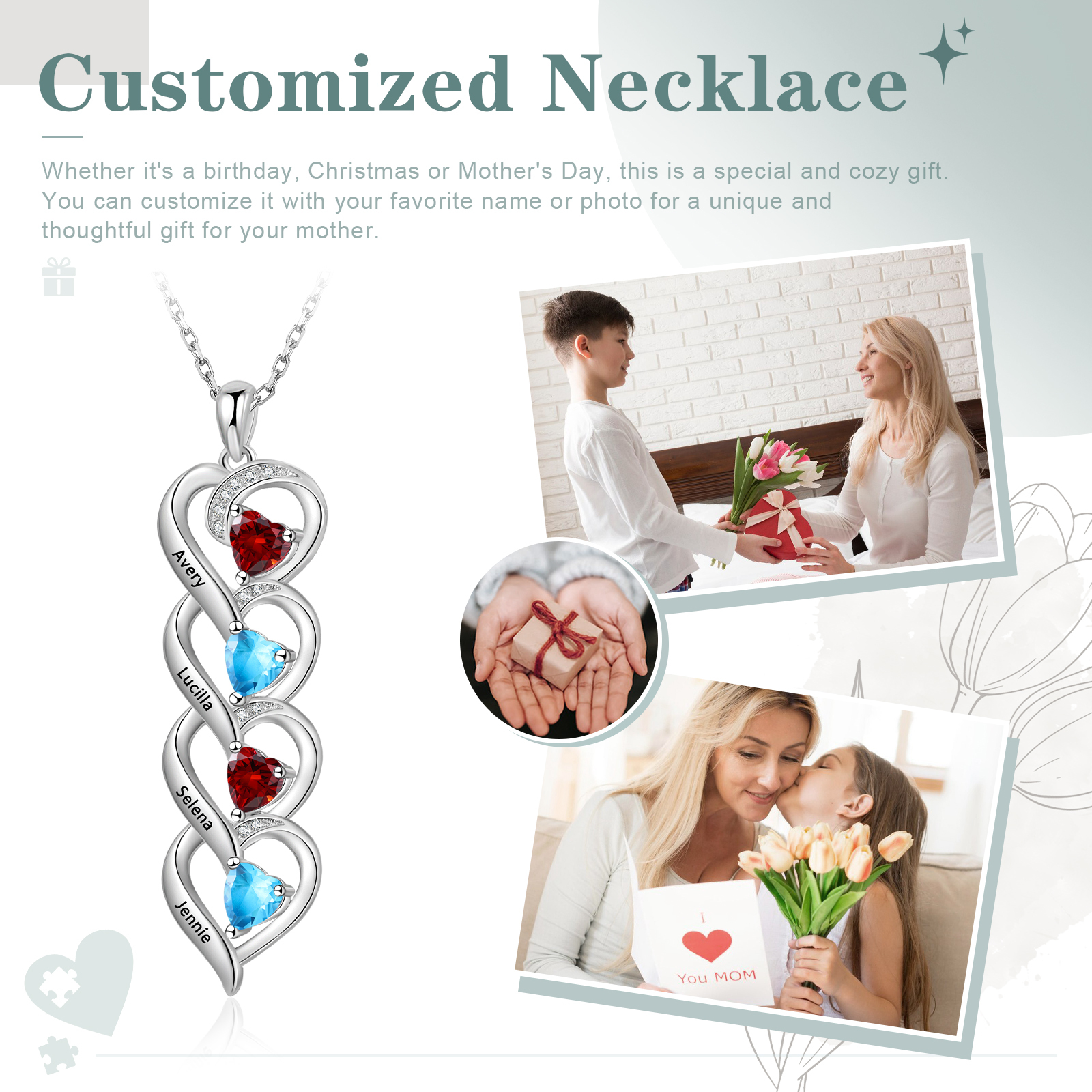 Collier Pendentif Cœur 4 Prénoms Personnalisés Collier Femmes