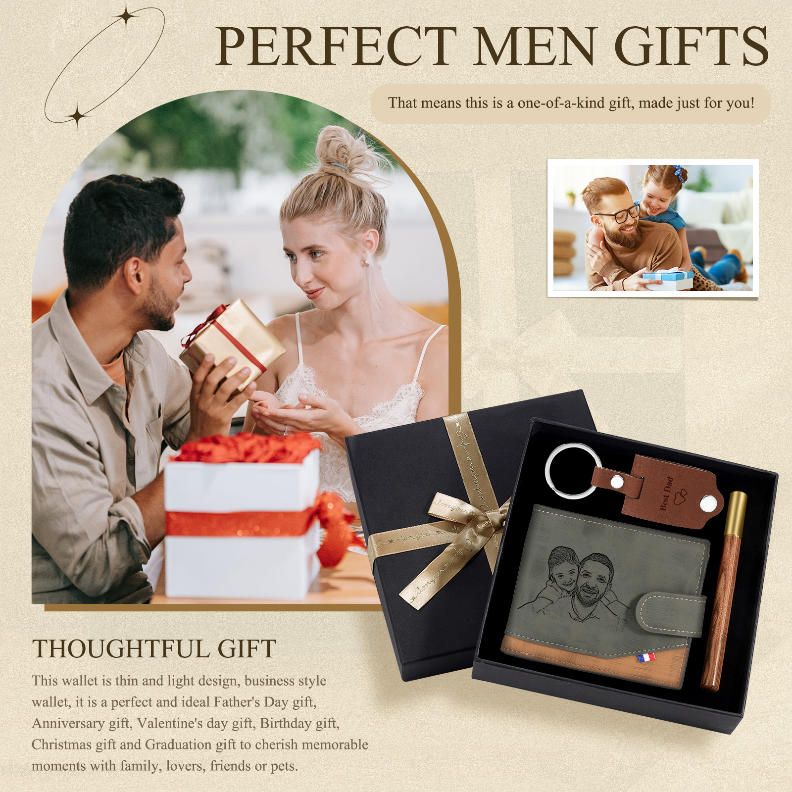 Coffret Cadeau 3PCS - Portefeuille classique Porte-Clés et Stylo 2 Photo et Textes Personnalisés avec 1 Prénom et Lettre Coffret Cadeau pour Homme