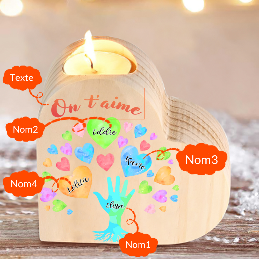 Bougeoir en Bois 4 Prénoms Personnalisés avec Texte sans bougie pour Famille