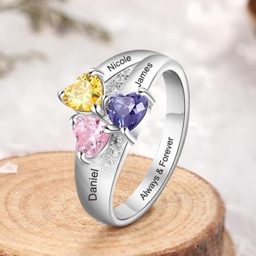 Bague 3 Prénoms avec 3 Pierres de Naissance argent sterling 925