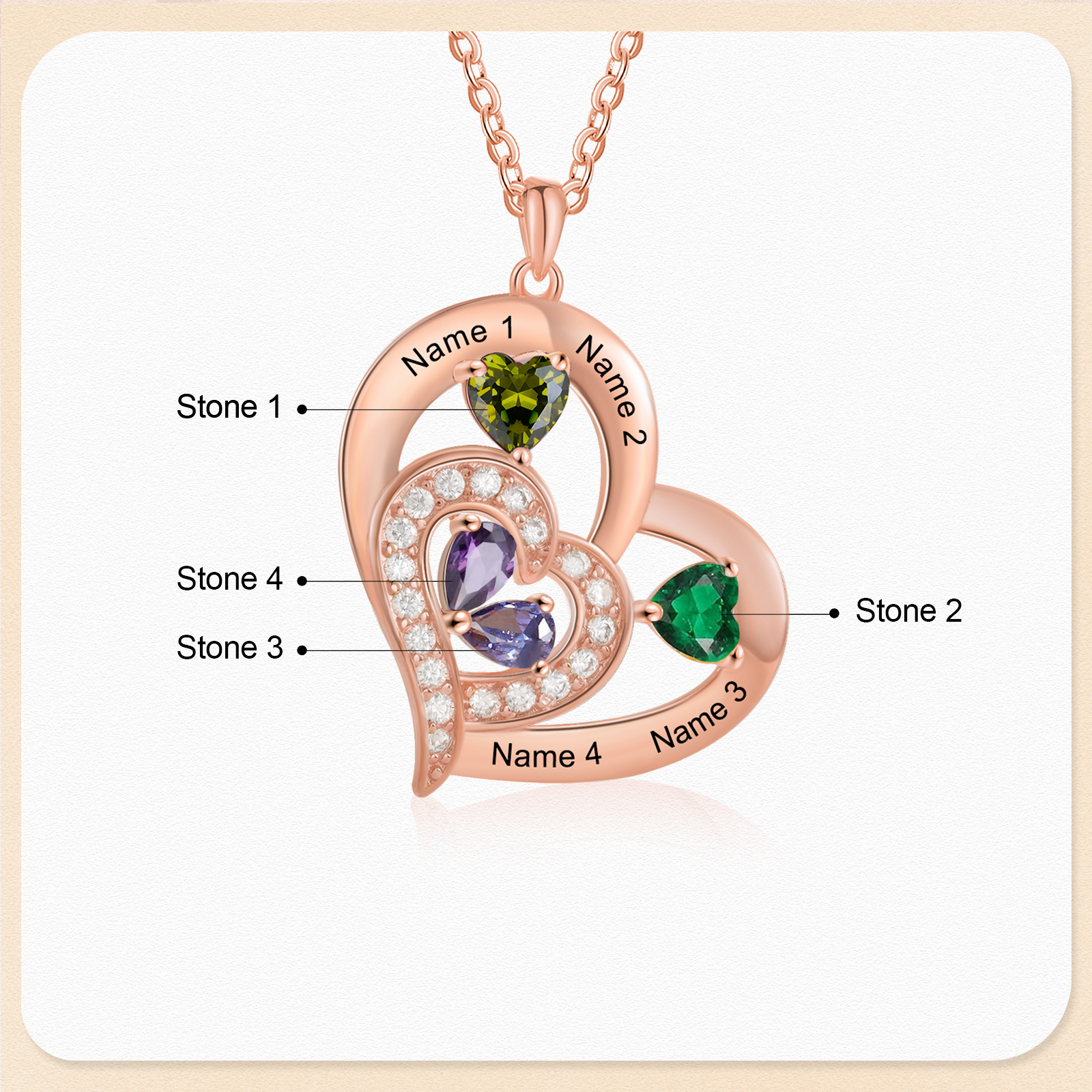 Collier Cœur 1-6 Prénoms Personnalisés avec Pierre de naissance