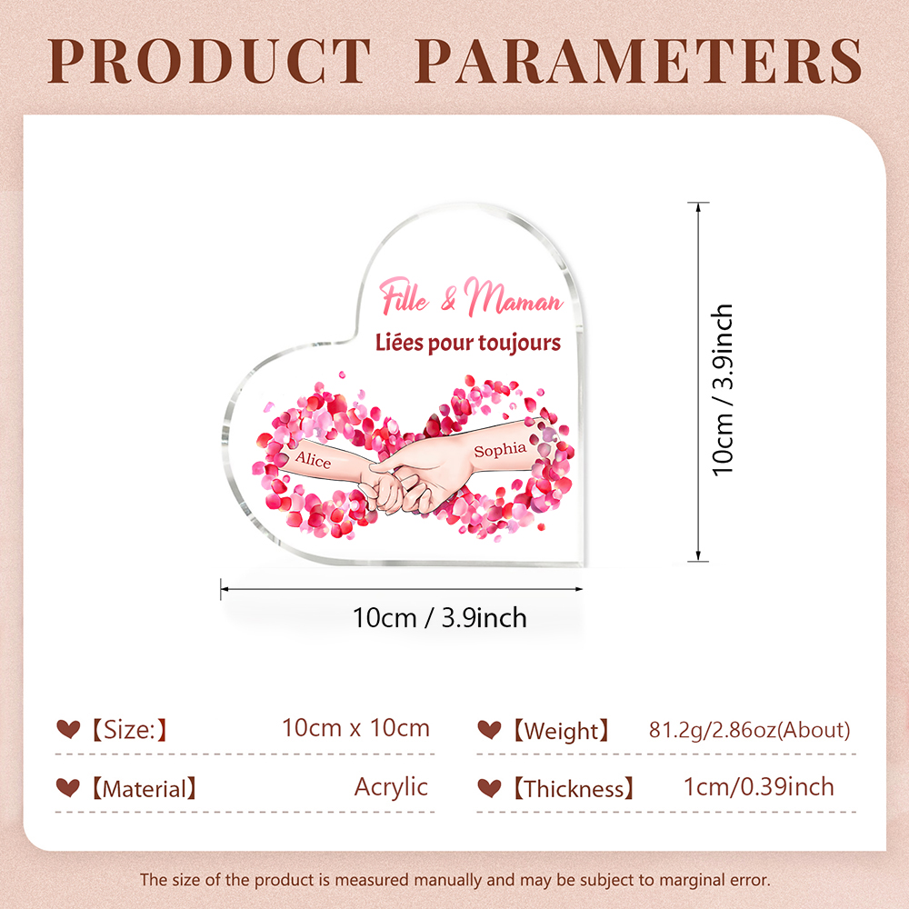À ma Maman - Plaque Acrylique Maman et Fille en Forme de Cœur 2 Prénoms Personnalisés