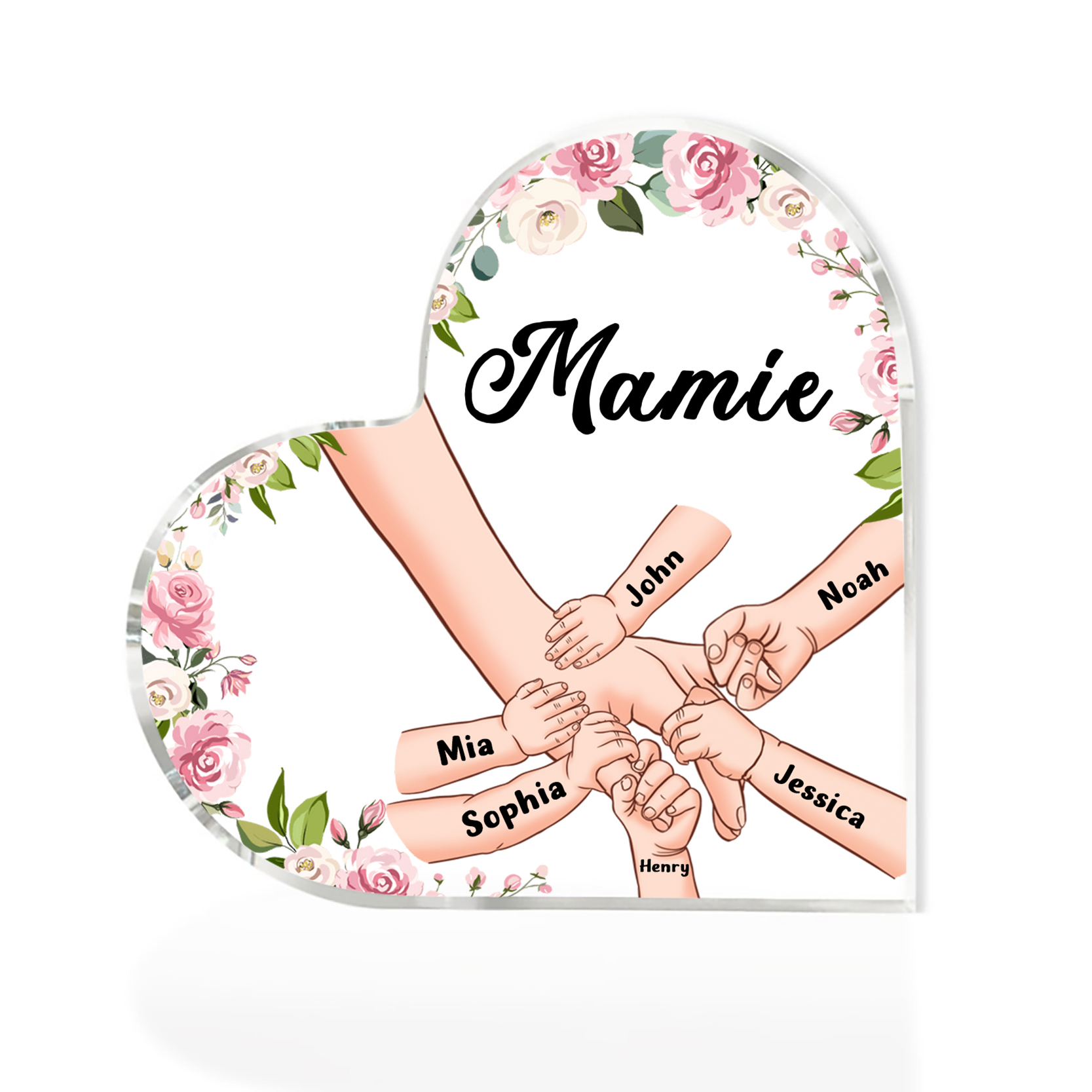 Plaque Acrylique en Forme de Cœur La Main Dans La Main 6 Prénoms Personnalisés avec Texte