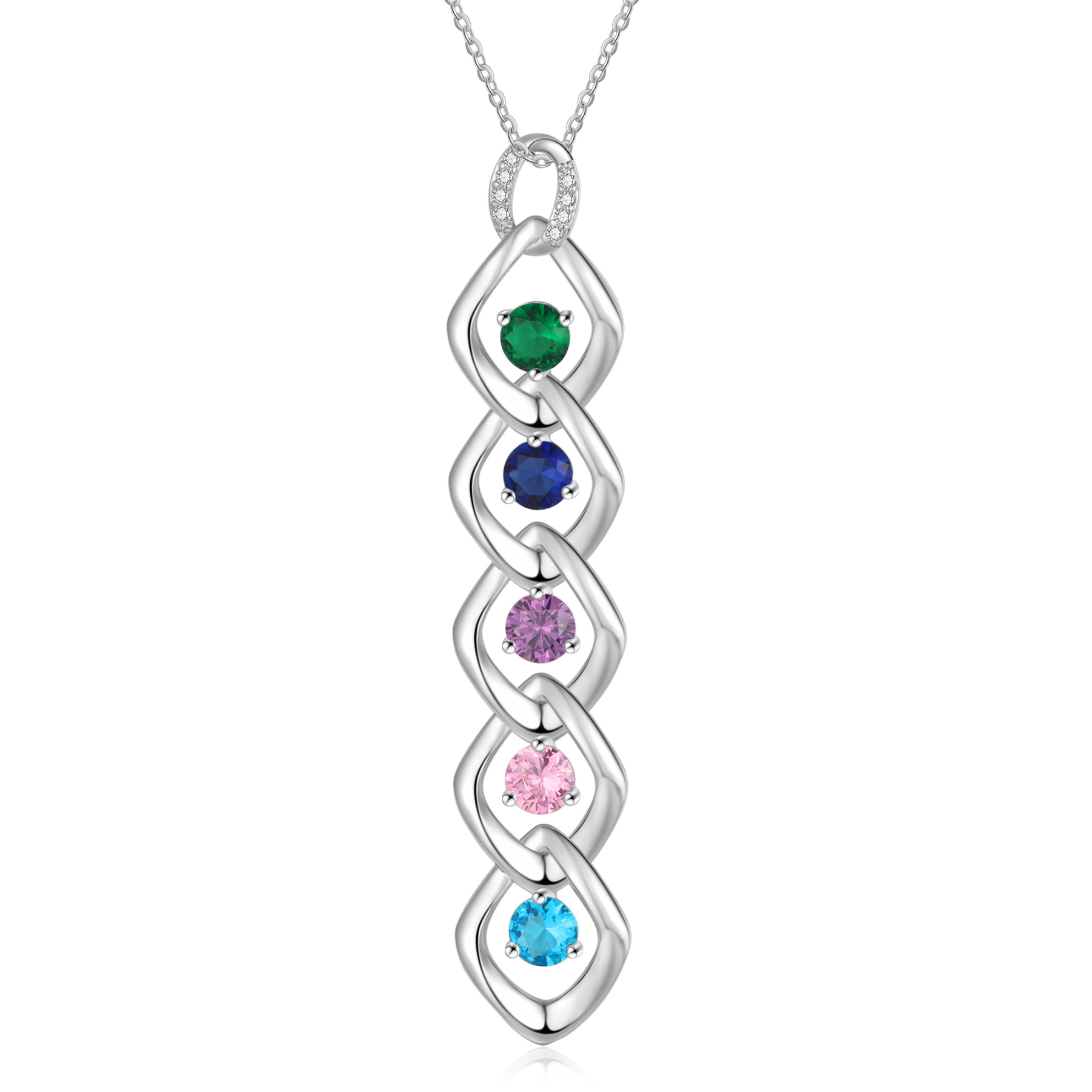 Collier Pendentif 5 Prénoms Personnalisés avec Pierre de naissance pour Femmes