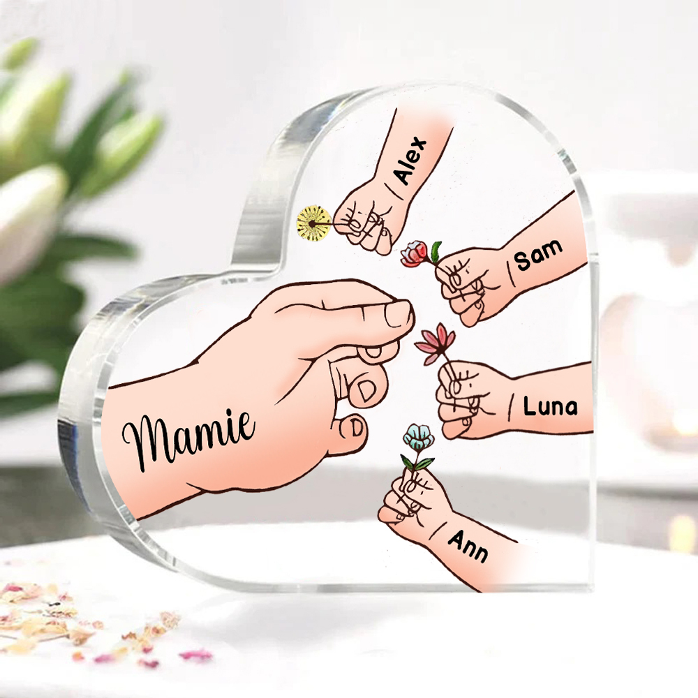 À ma Maman/Mamie - Plaque Acrylique Mains et Enfants en Forme de Cœur 5 Prénoms Personnalisés