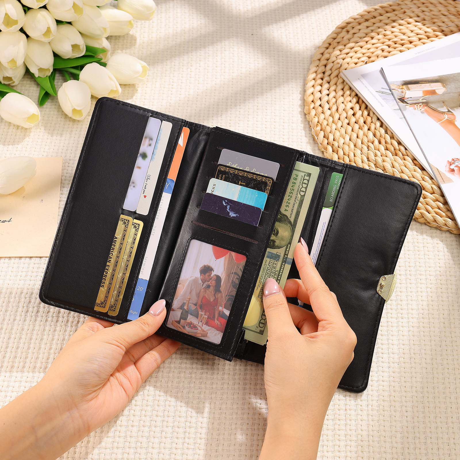 Portefeuille long Personnalisé pour Femme en cuir, avec Fleur de naissance et Prénom