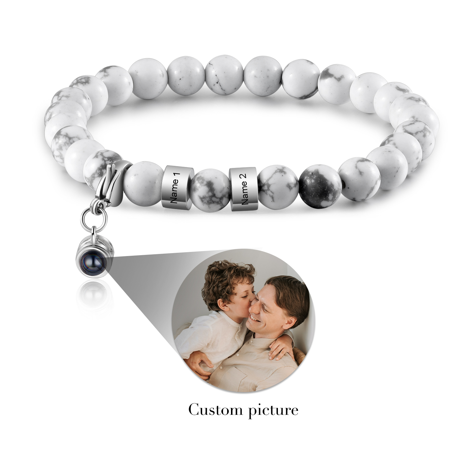 Bracelet en Magnésite 2 Prénoms Personnalisés avec Photo Bracelet Photo Projection Blanc｜ Jessemade