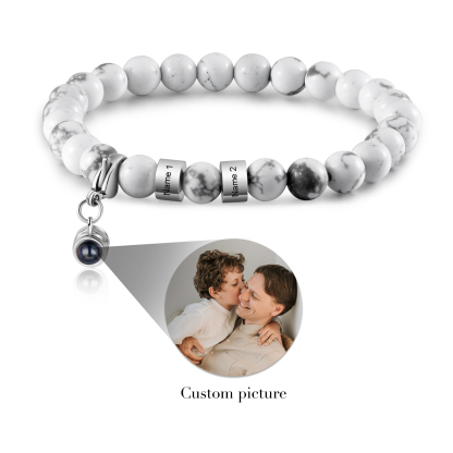 Bracelet en Magnésite 2 Prénoms Personnalisés avec Photo Bracelet Photo Projection Blanc｜ Jessemade