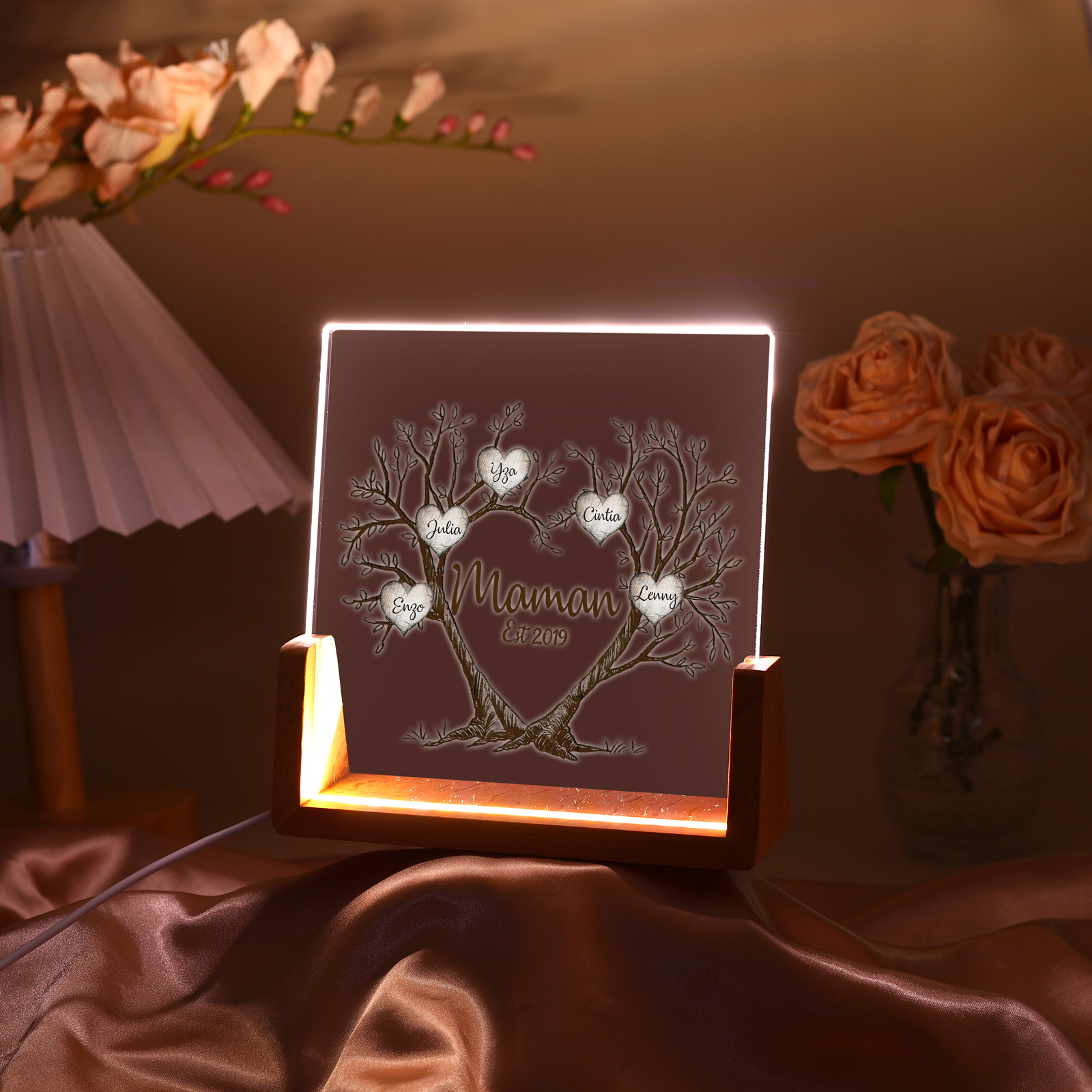 À Maman/Mamie - Lampe de chevet LED Arbre de Vie 5 Prénoms Personnalisés avec Texte et Date pour Famille