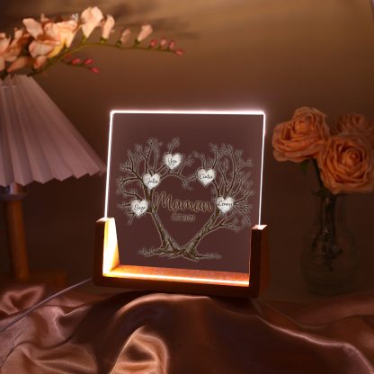À Maman/Mamie - Lampe de chevet LED Arbre de Vie 5 Prénoms Personnalisés avec Texte et Date pour Famille