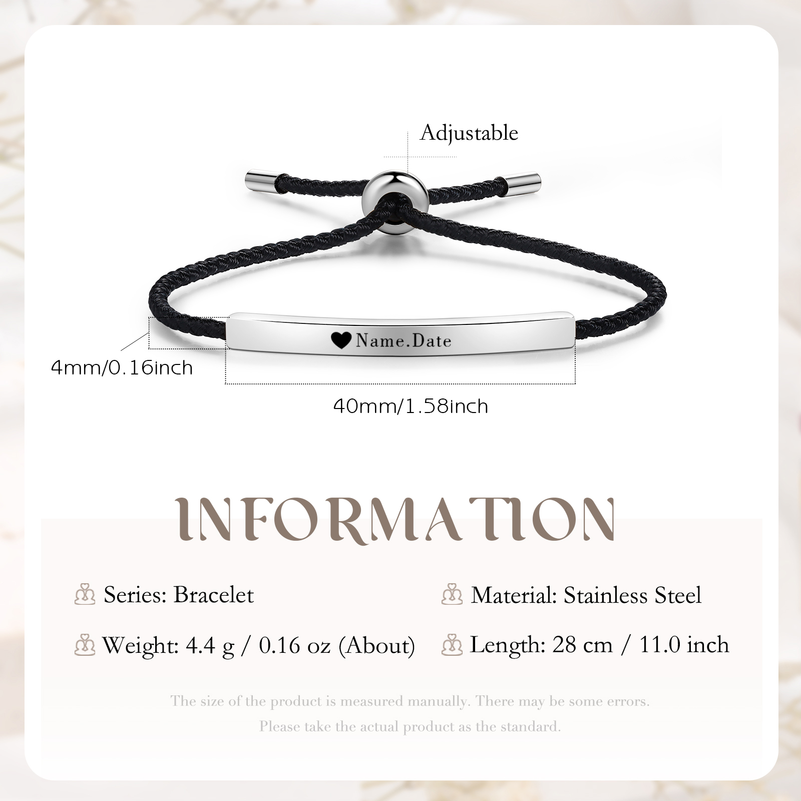 Bracelet 1 Prénom et Date Personnalisés pour Couple