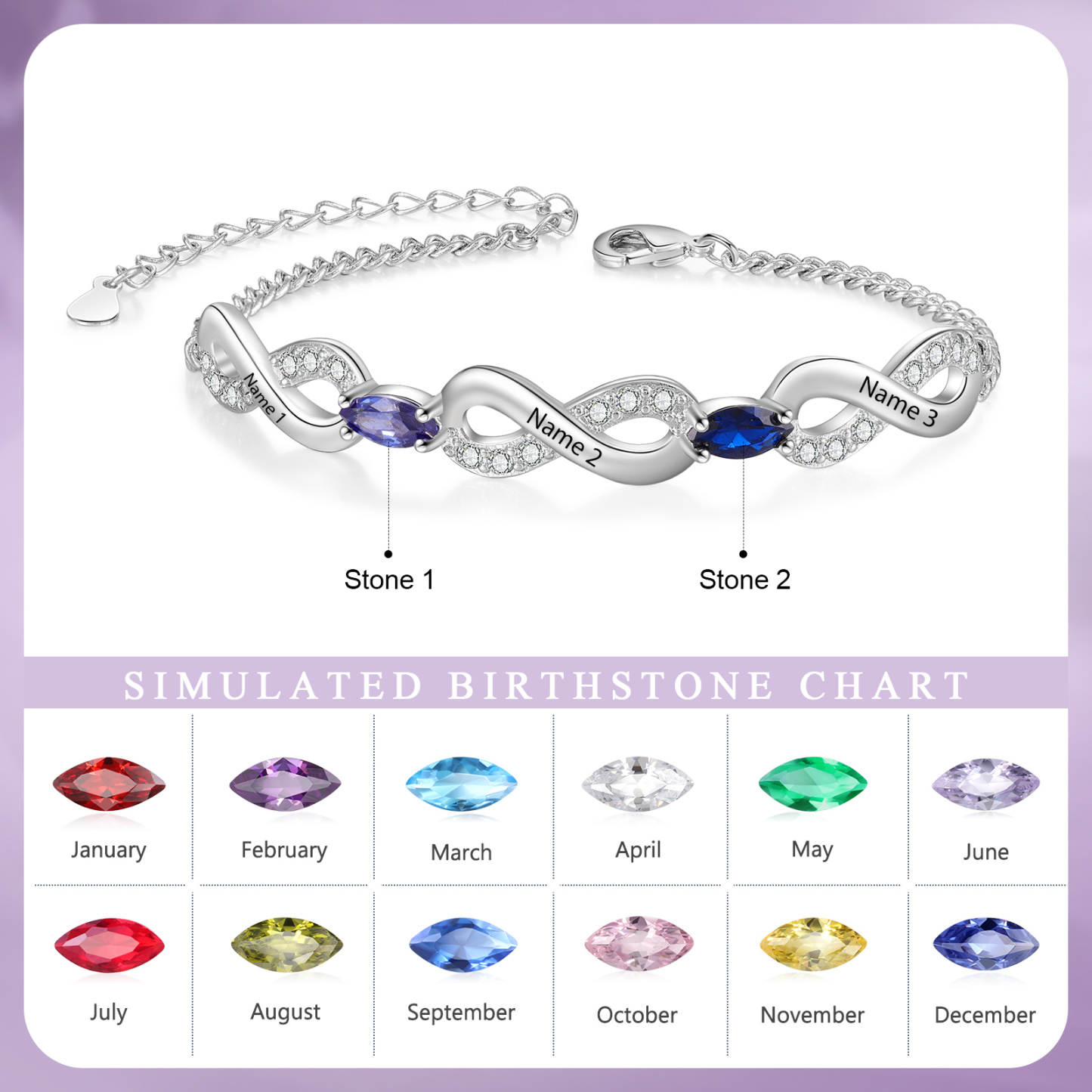 Bracelet Infini 3 Prénoms Personnalisés avec 2 Pierres de Naissance pour Femme