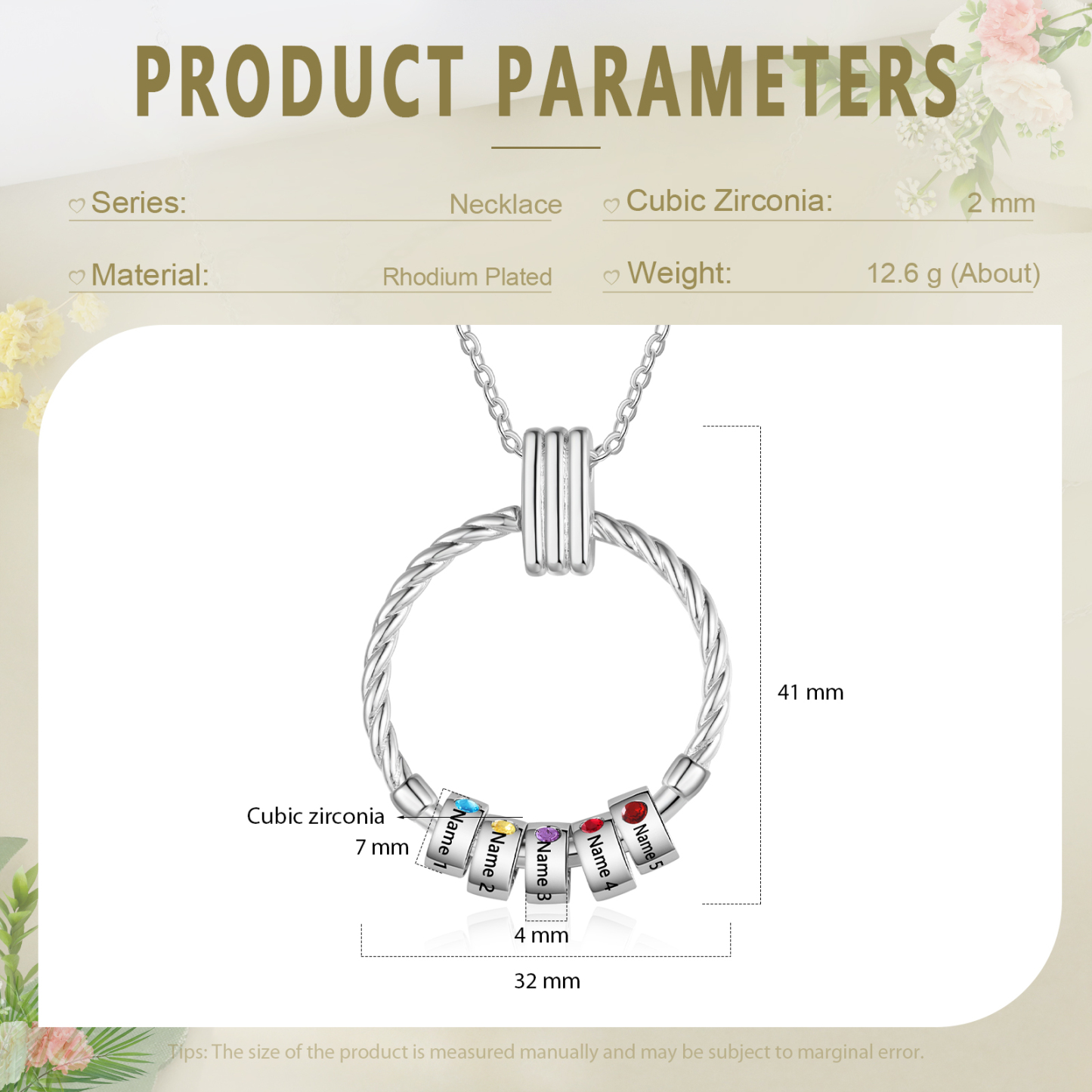 Collier Pendentif 5 Prénoms et Perles Personnalisés avec Pierres de Naissance Collier Femmes