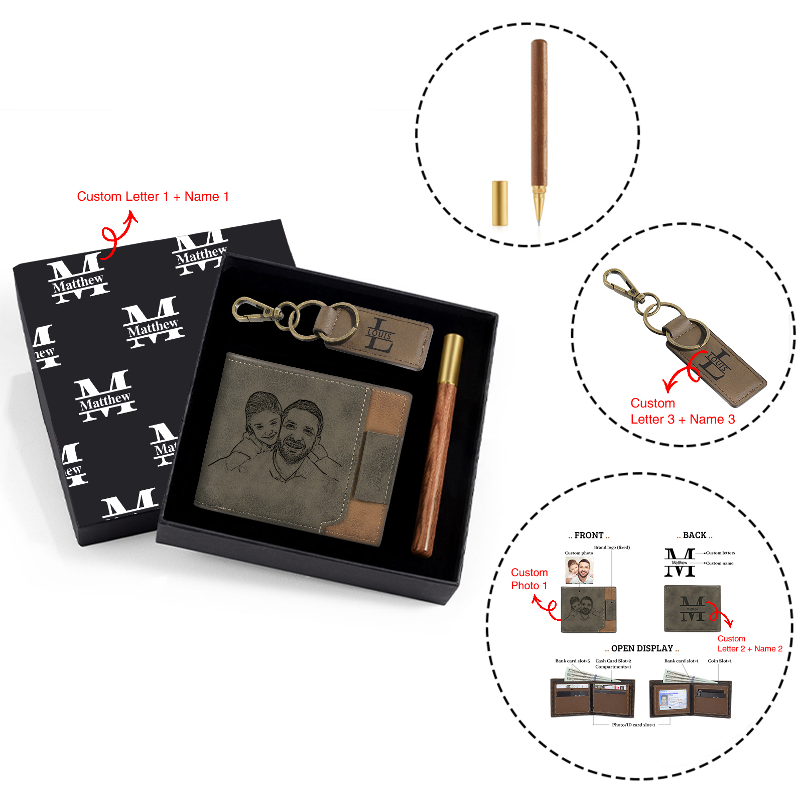 Coffret Cadeau 3PCS - Portefeuille classique Porte-Clés et Stylo 3 Prénoms et 3 Lettres Personnalisés avec 1 Photo Coffret Cadeau pour Homme