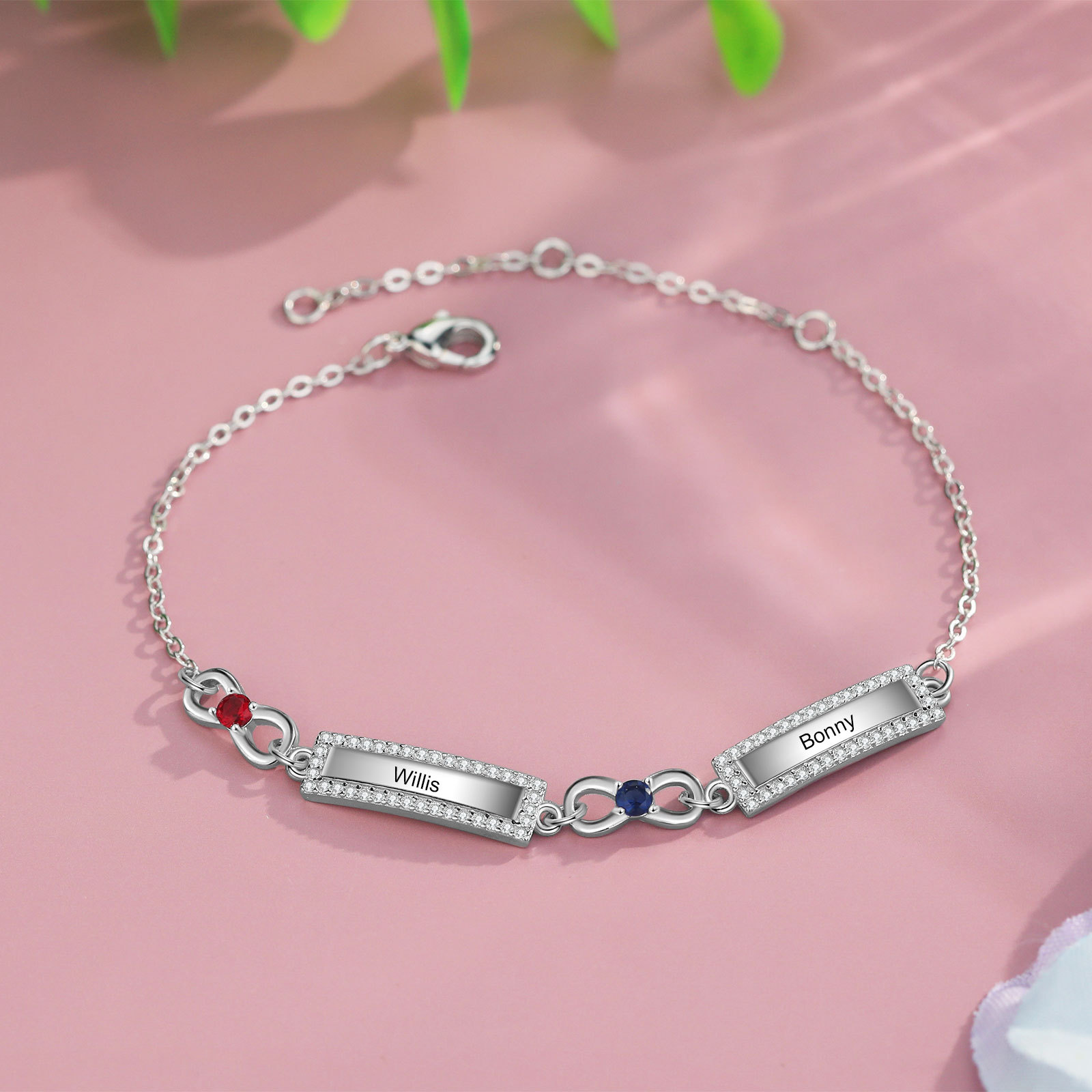 Bracelet Infini 2 Prénoms Personnalisé avec 2 Pierres de Naissance